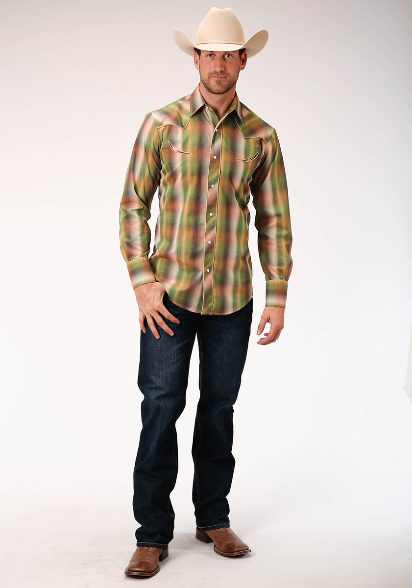 MENS GREEN OMBRE PLAID LONG SLEEVE SNAP WESTERN