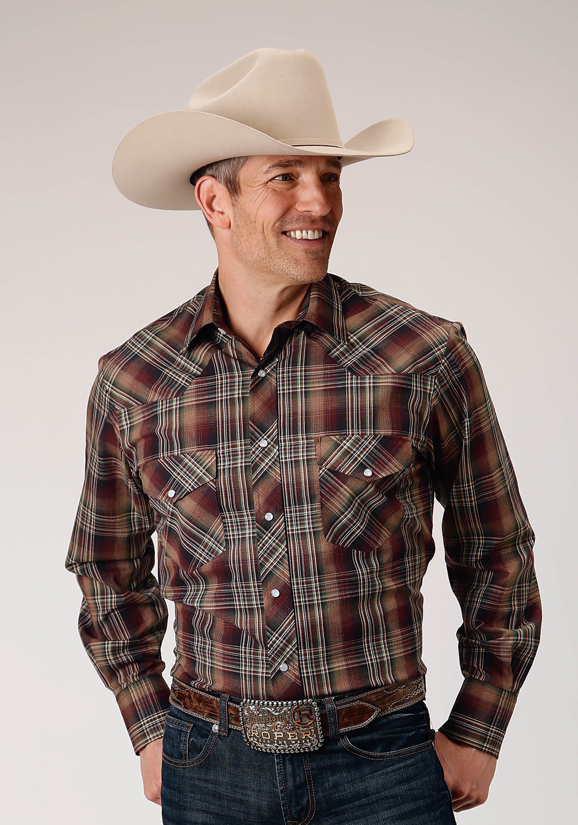 Mens Long Sleeve Snap Multi Brown Black Green Plaid Western Shirt  Roper  Apparel & Footwear