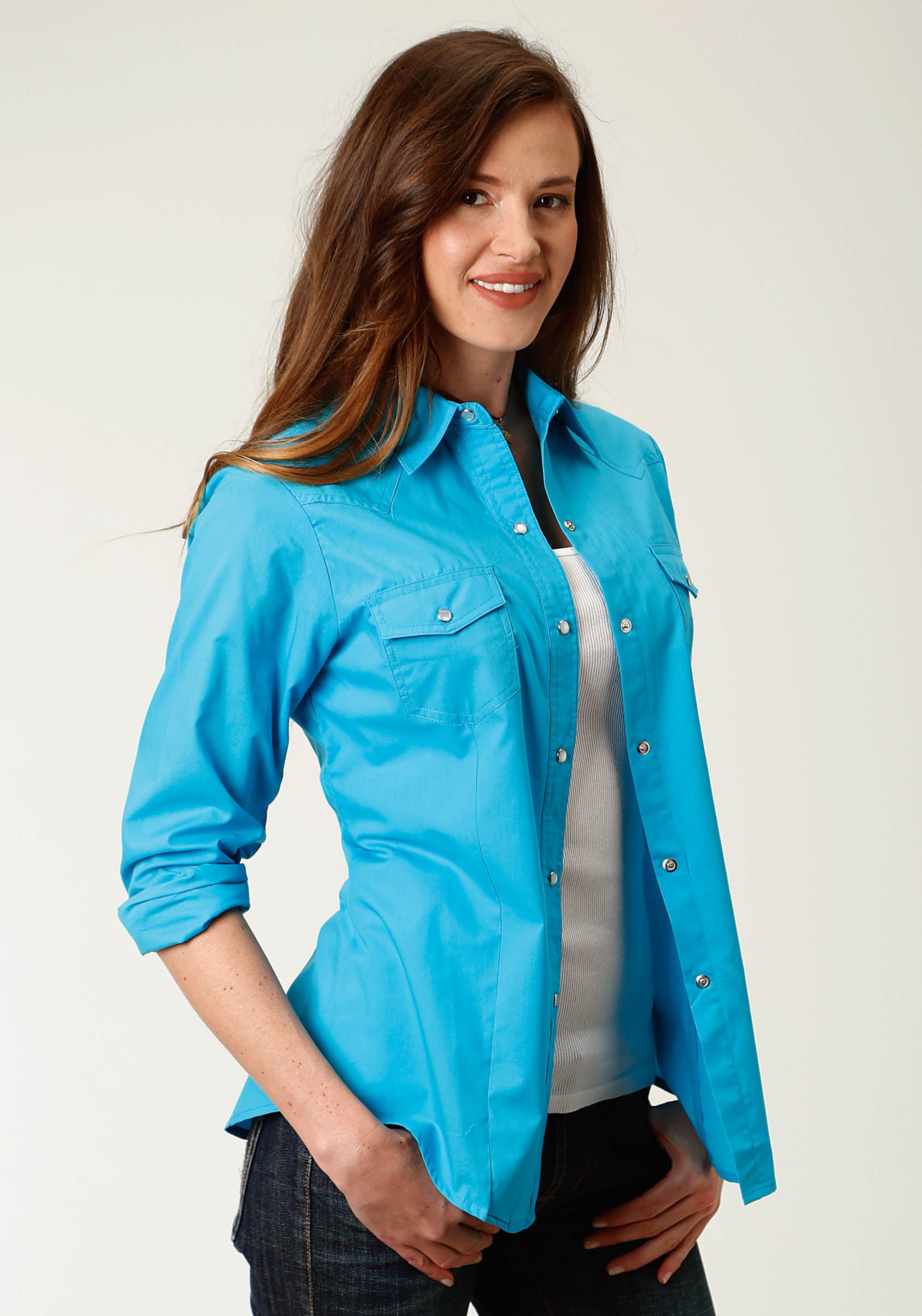 Womens Turquoise Solid Long Sleeve Snap Western Shirt – Roper