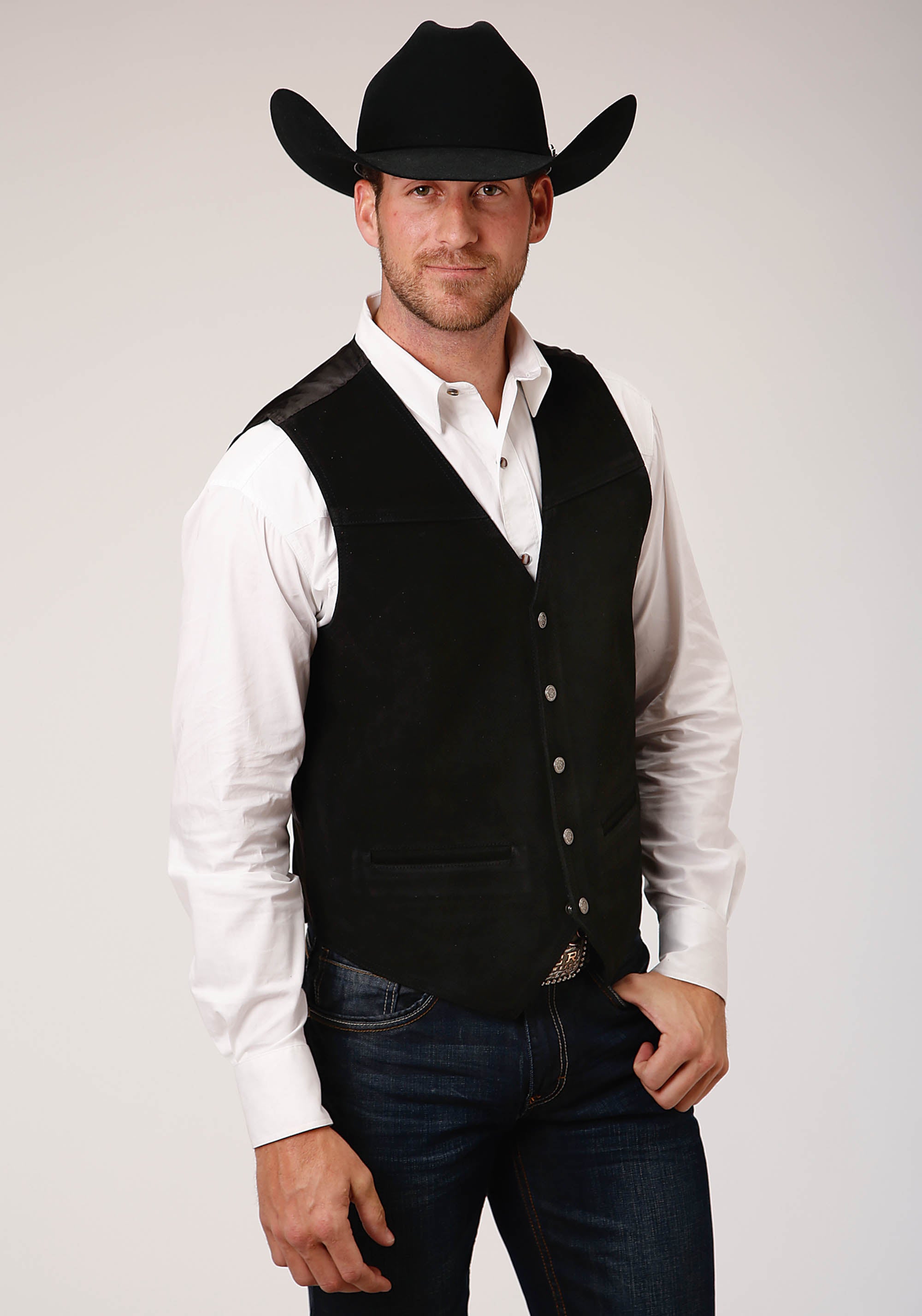 Mens Black Suede Leather Vest With Buckle Tie – Roper Apparel