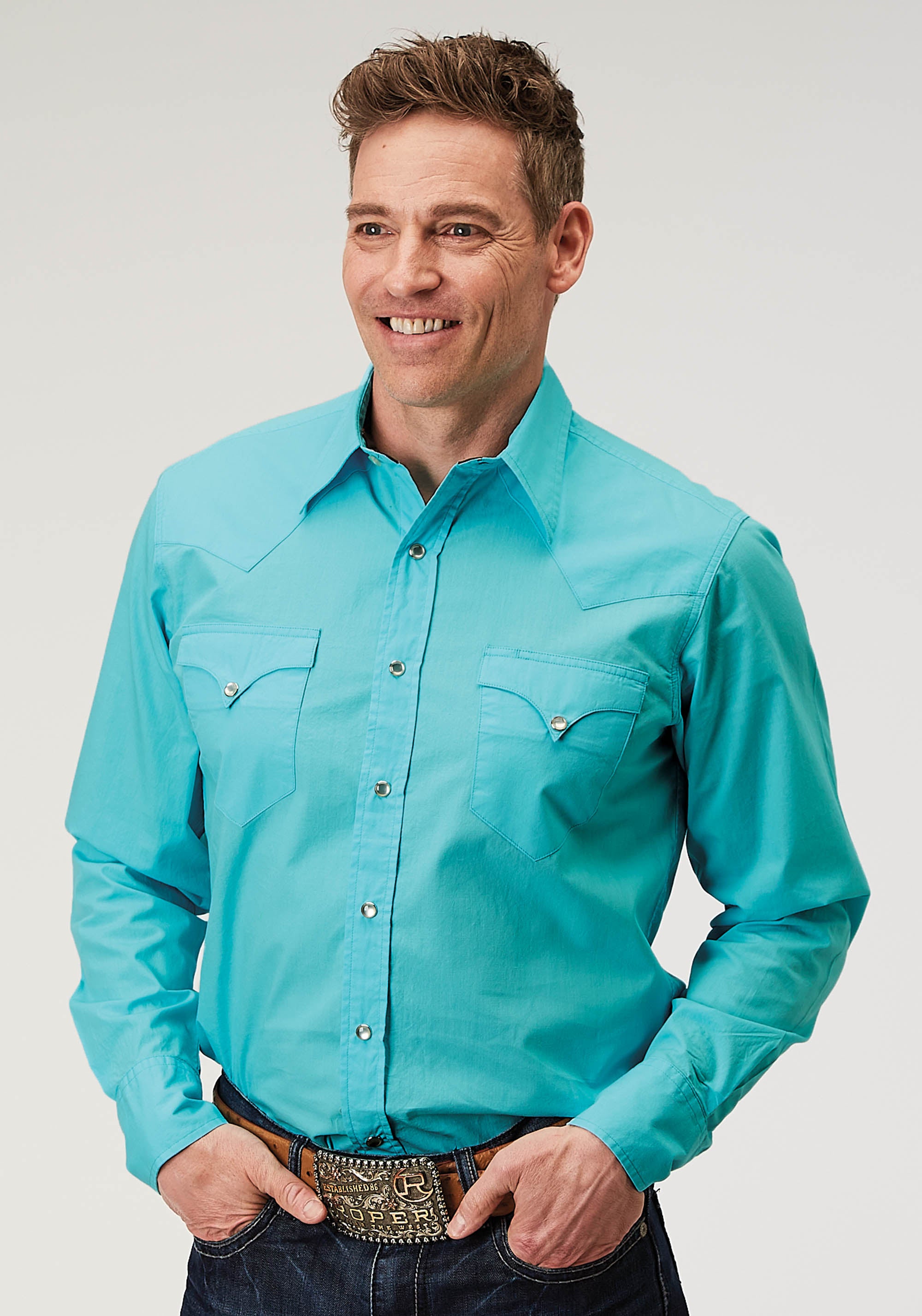 トップス share spirit long flare sleeve Mens Long Sleeve Snap Solid Poplin Turquoise Western Shirt – Roper