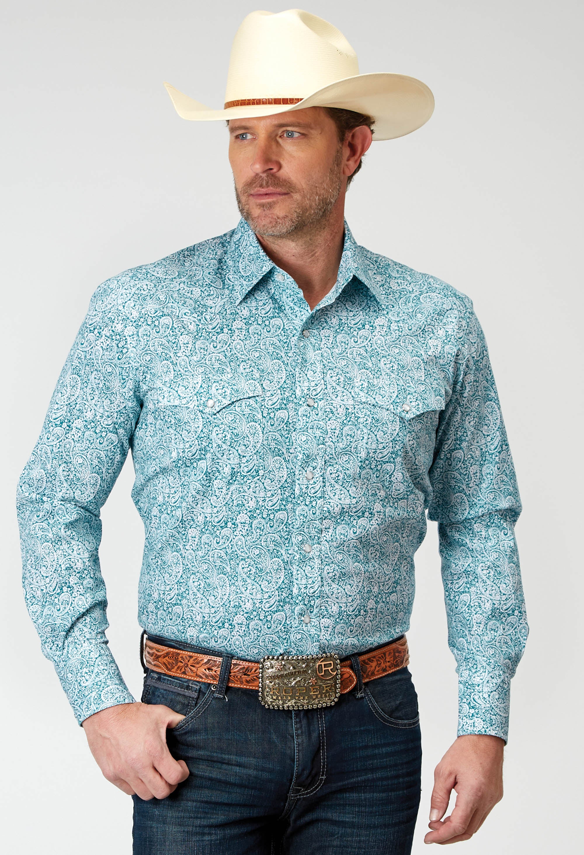 Mens Long Sleeve Snap Stretch Poplin Teal Paisley Western Shirt