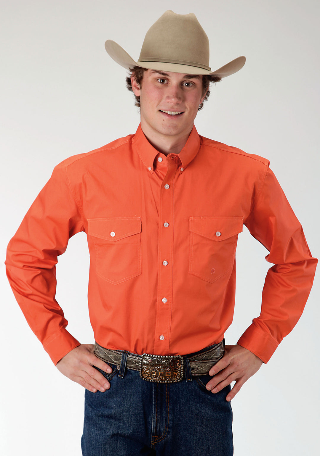 MENS ORANGE SOLID LONG SLEEVE WESTERN BUTTON SHIRT