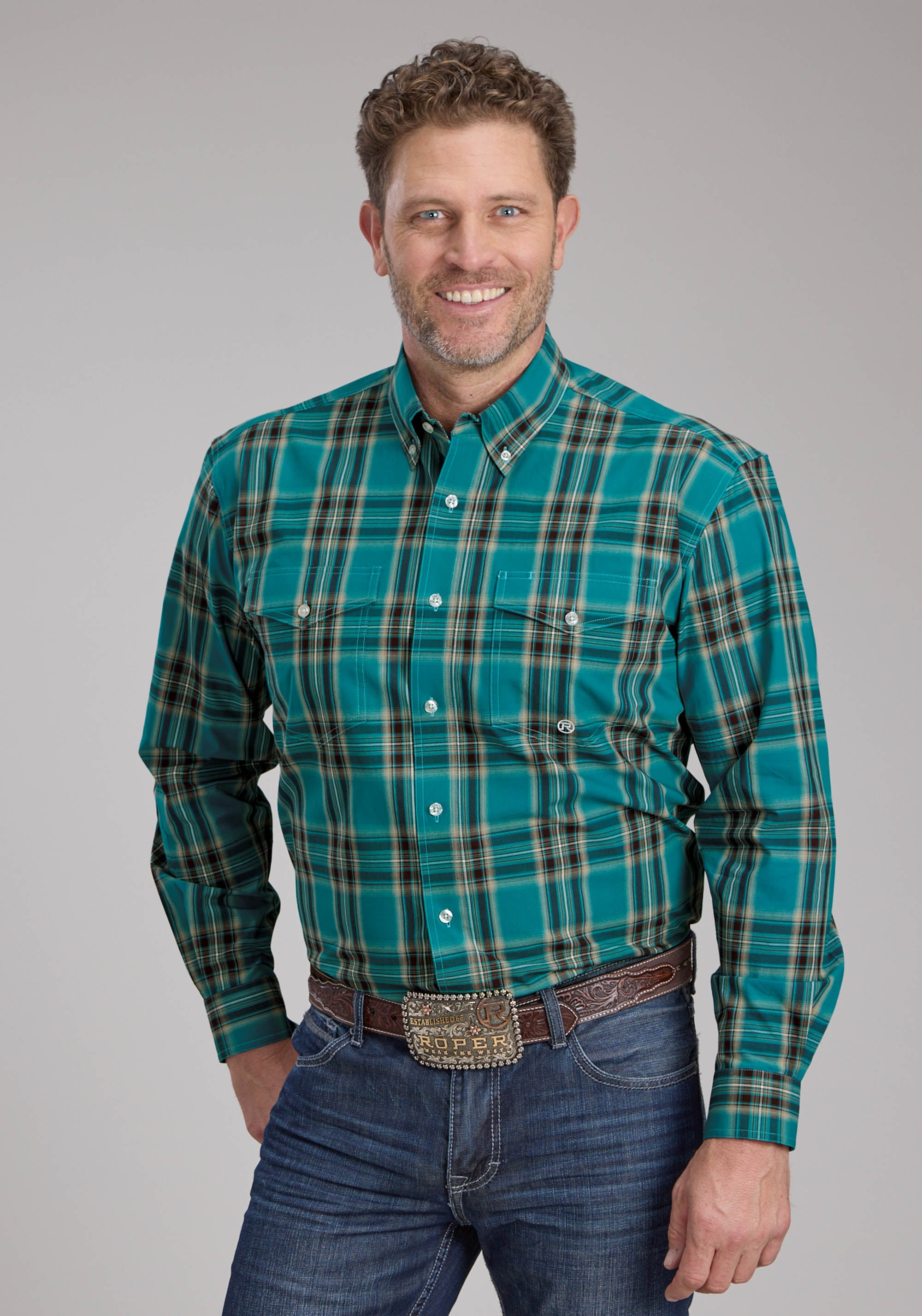 Mens Real Teal Plaid Long Sleeve Button Western Shirt Roper Apparel 