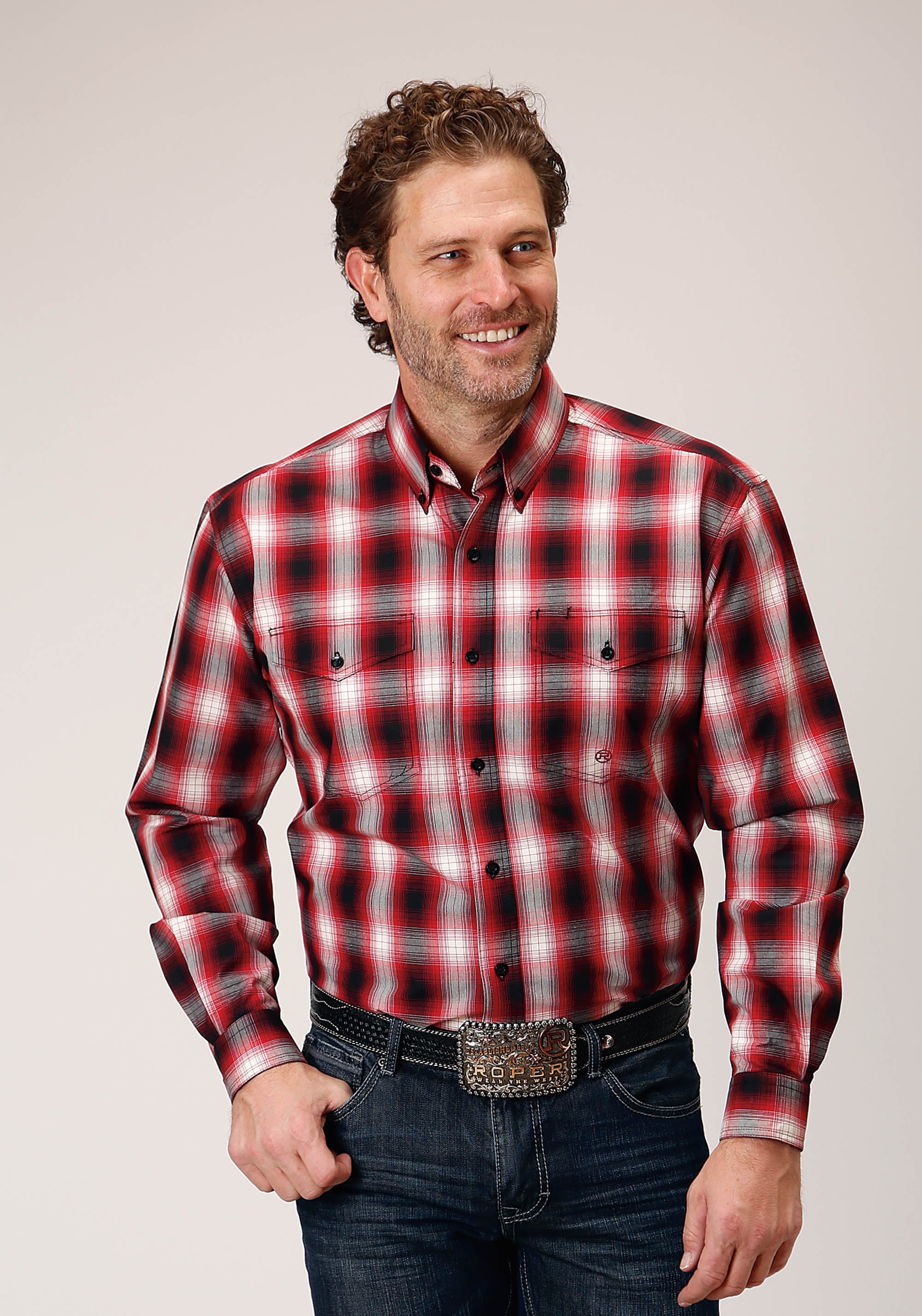 Mens Long Sleeve Button Basic Red Plaid Western Shirt – Roper 