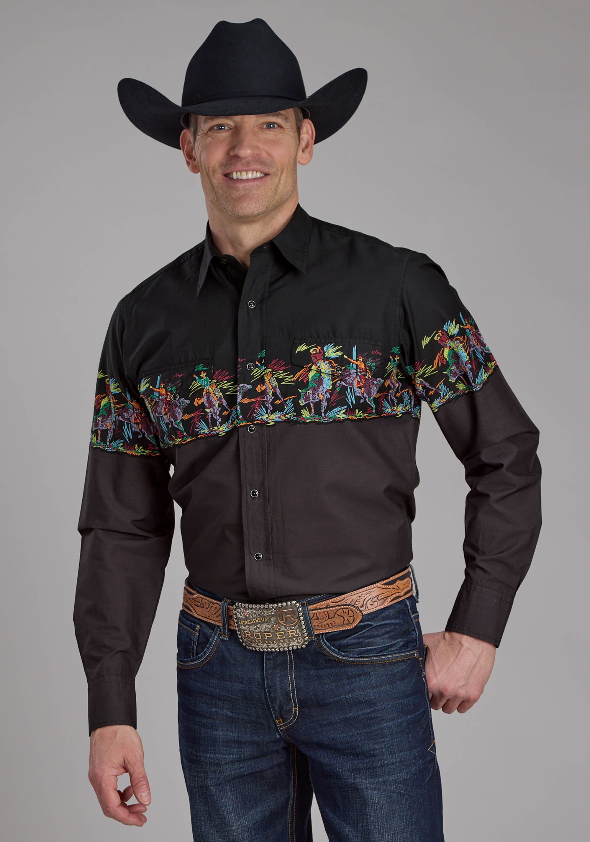 Mens Scribble Bullriders Border Scenic Long Sleeve Snap Western