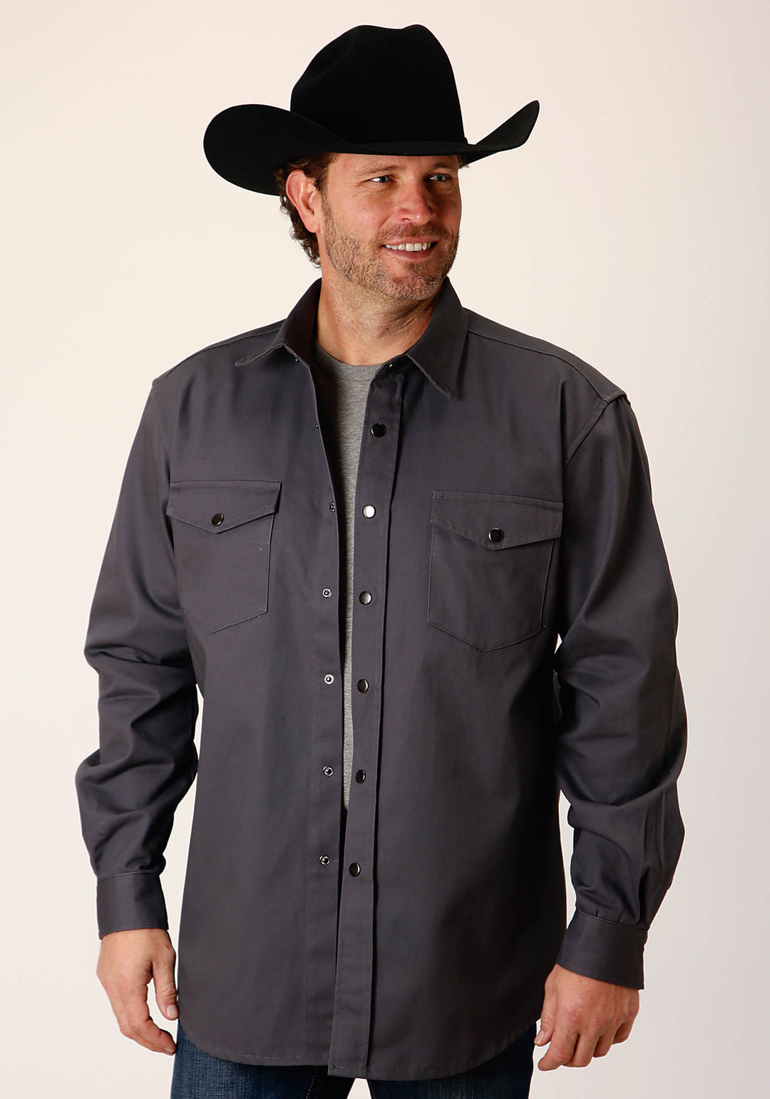 MENS LONG SLEEVE SNAP BRUSHED TWILL CHARCOAL WESTERN SHIRT