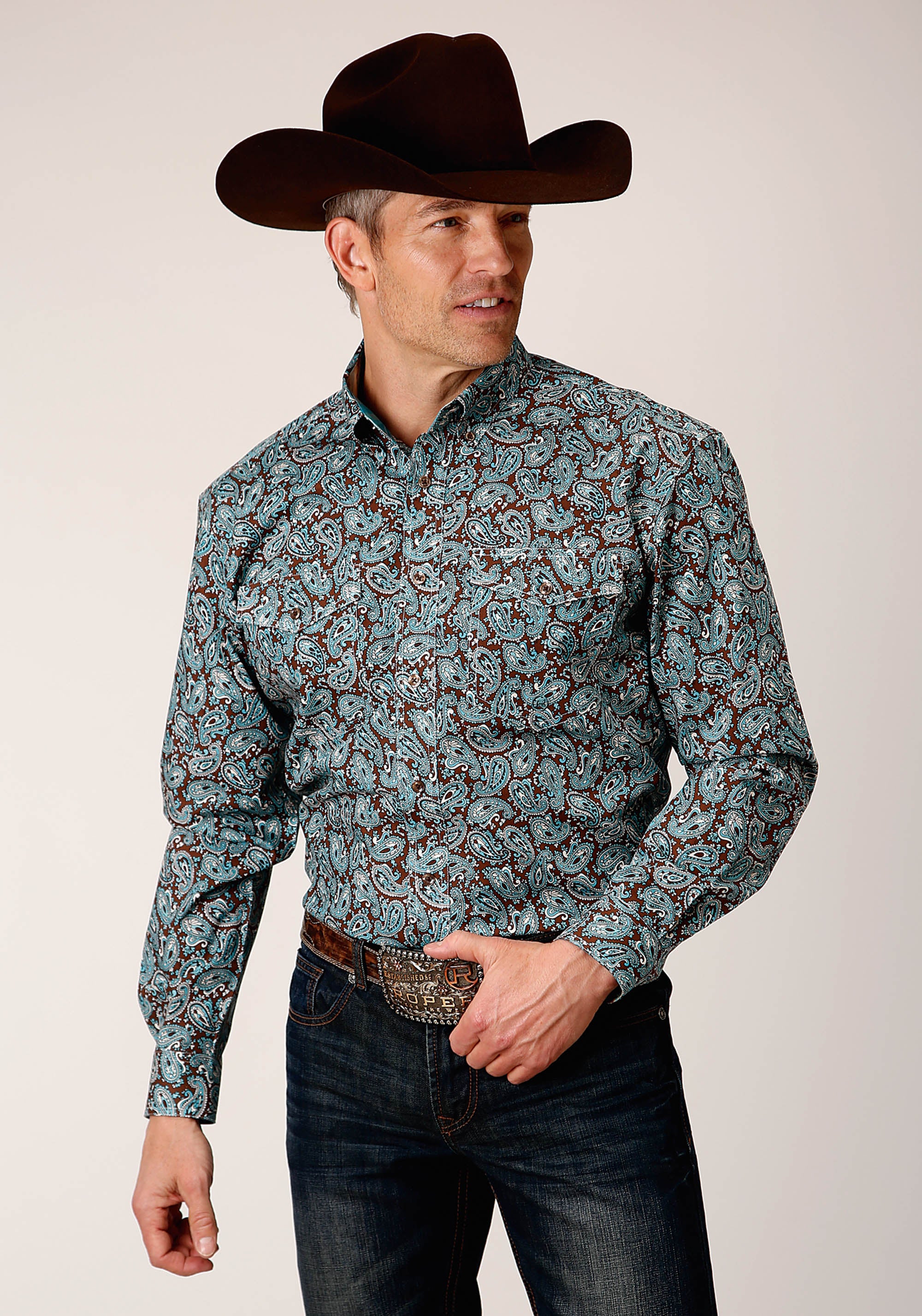 Mens Long Sleeve Button Turquoise Mine Paisley Western Shirt Tall