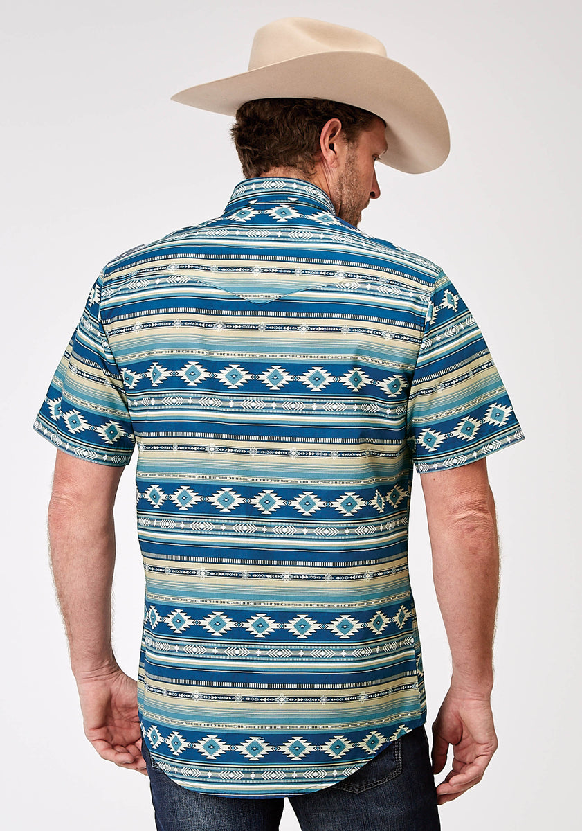 Mens Short Sleeve Snap Aztec Blanket Print Western Shirt Roper