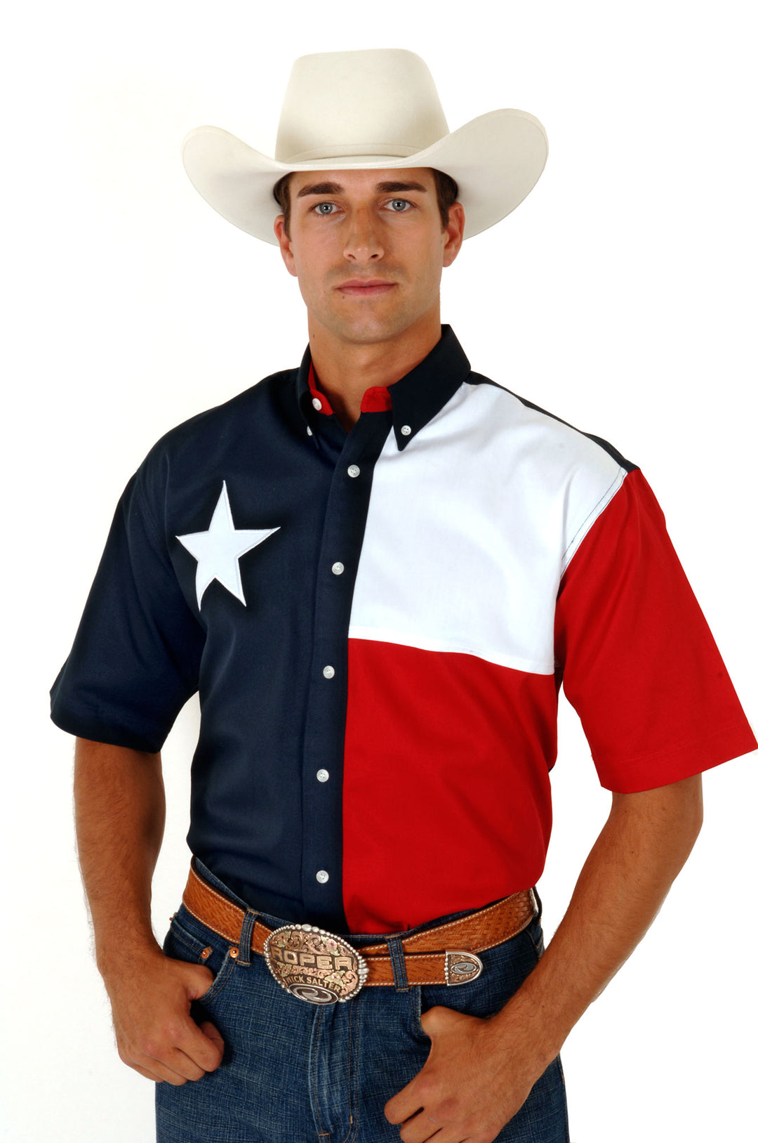 MENS RED WHITE AND BLUE PIECED TEXAS FLAG SHORT SLEEVE WESTERN SNAP SHIRT
