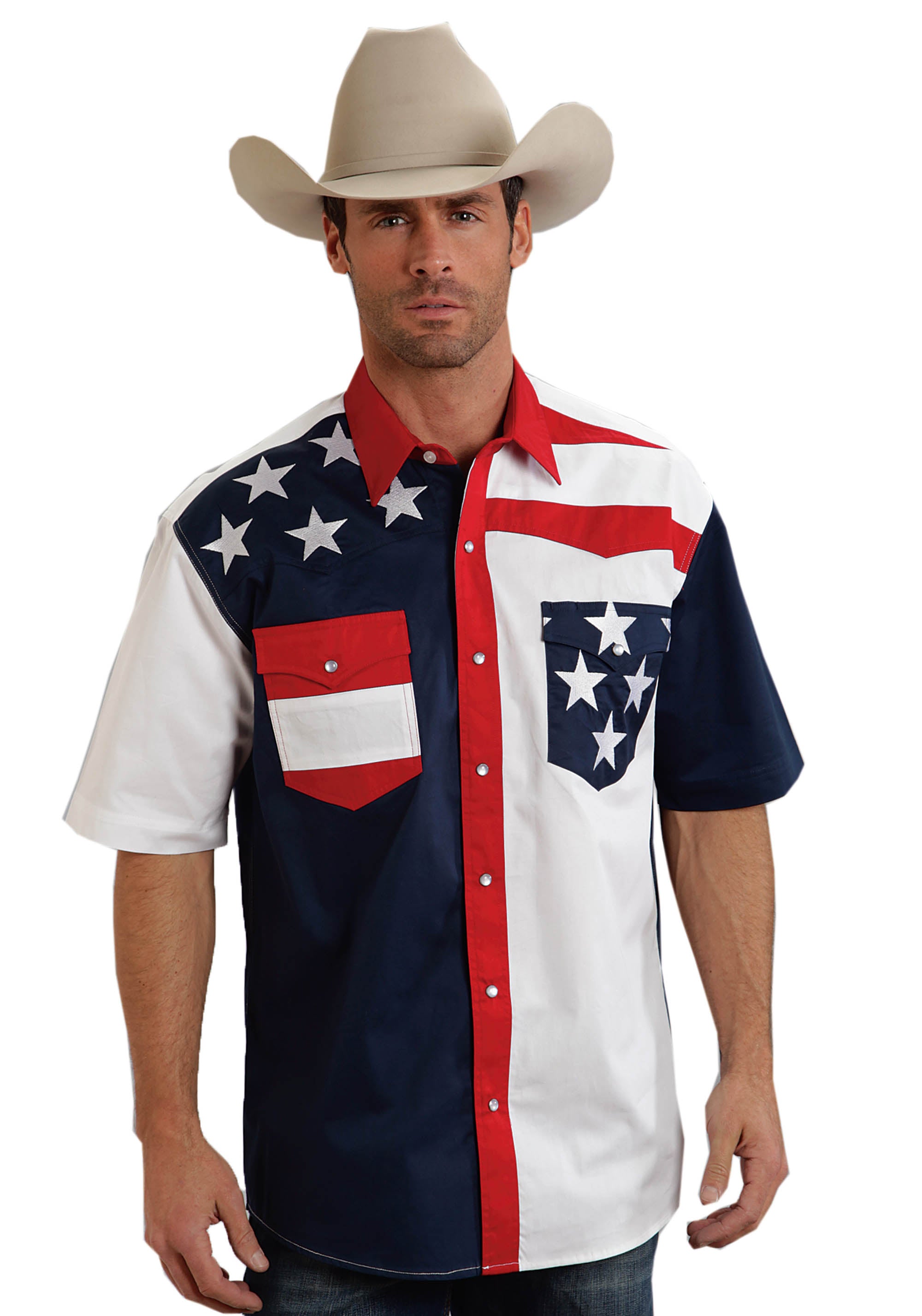 Mens Red White And Blue Colorblocked Pieced Short Sleeve Western