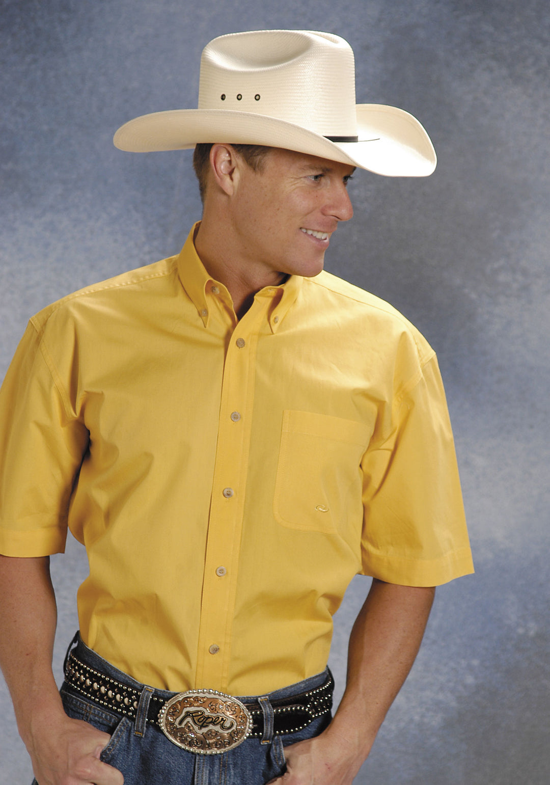 MENS YELLOW SOLID SHORT SLEEVE WESTERN BUTTON SHIRT TALL FIT
