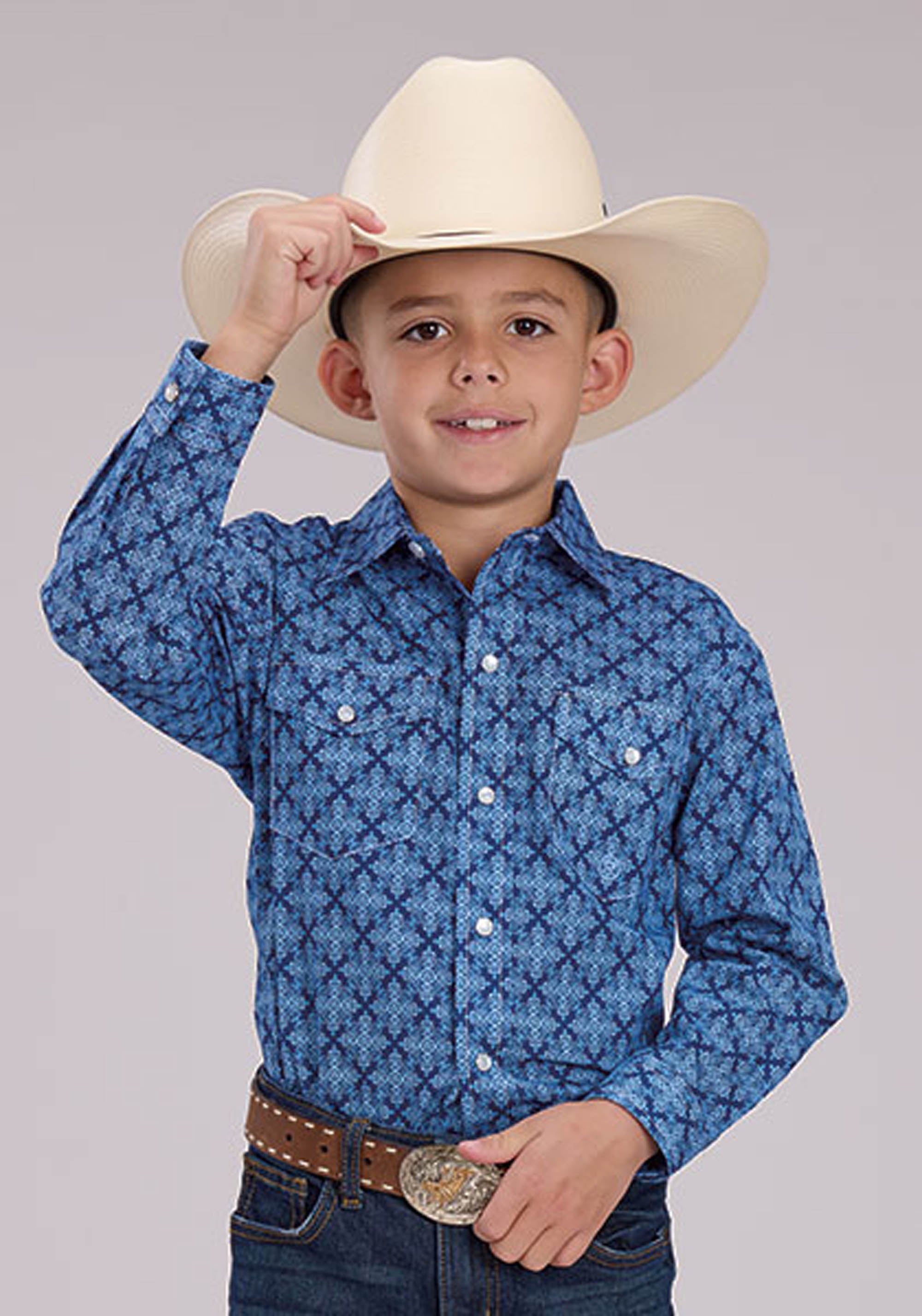 Boys Blue Ribbon Medallion Long Sleeve Snap Western Shirt – Roper