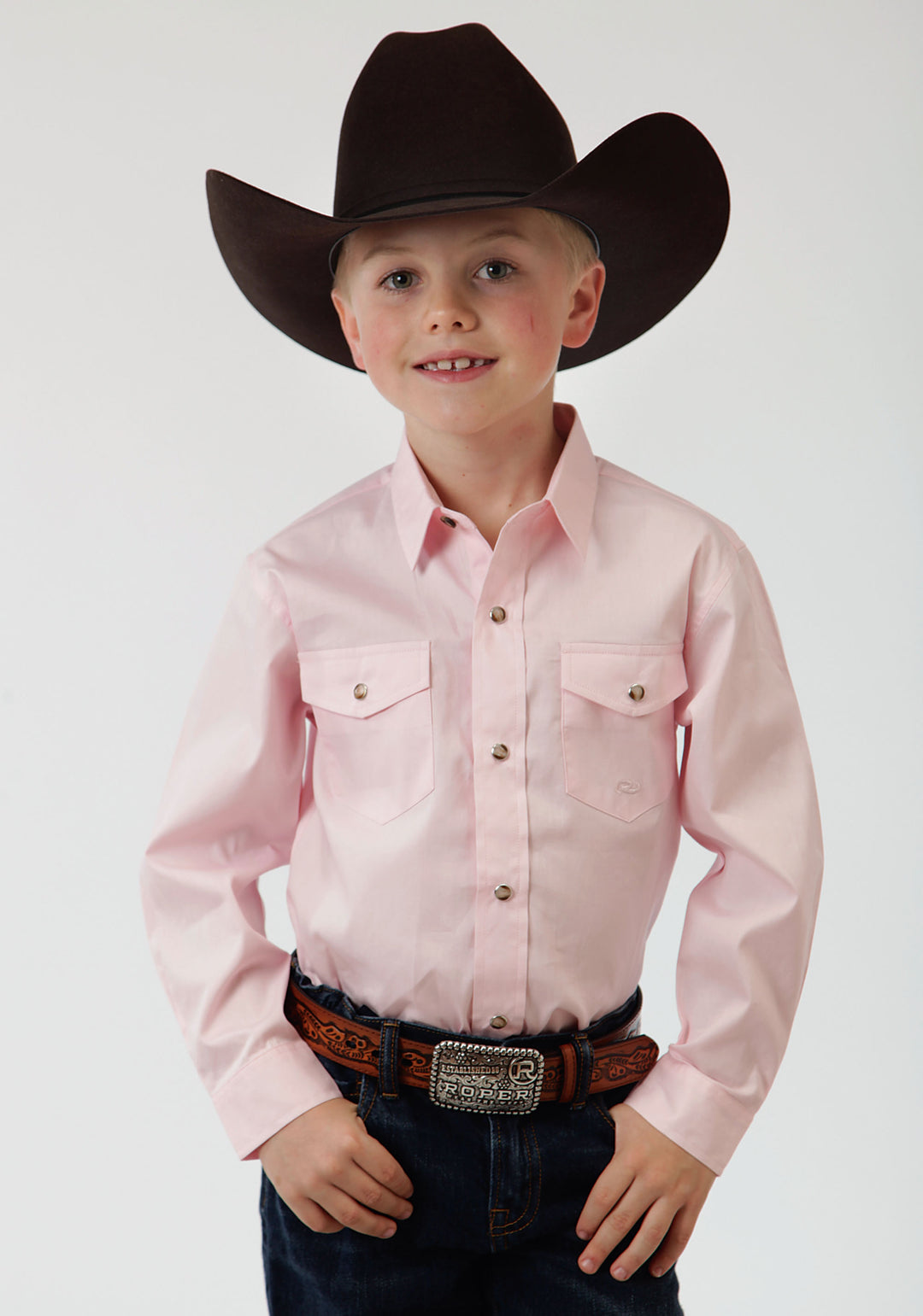 BOYS PINK SOLID LONG SLEEVE WESTERN SNAP SHIRT