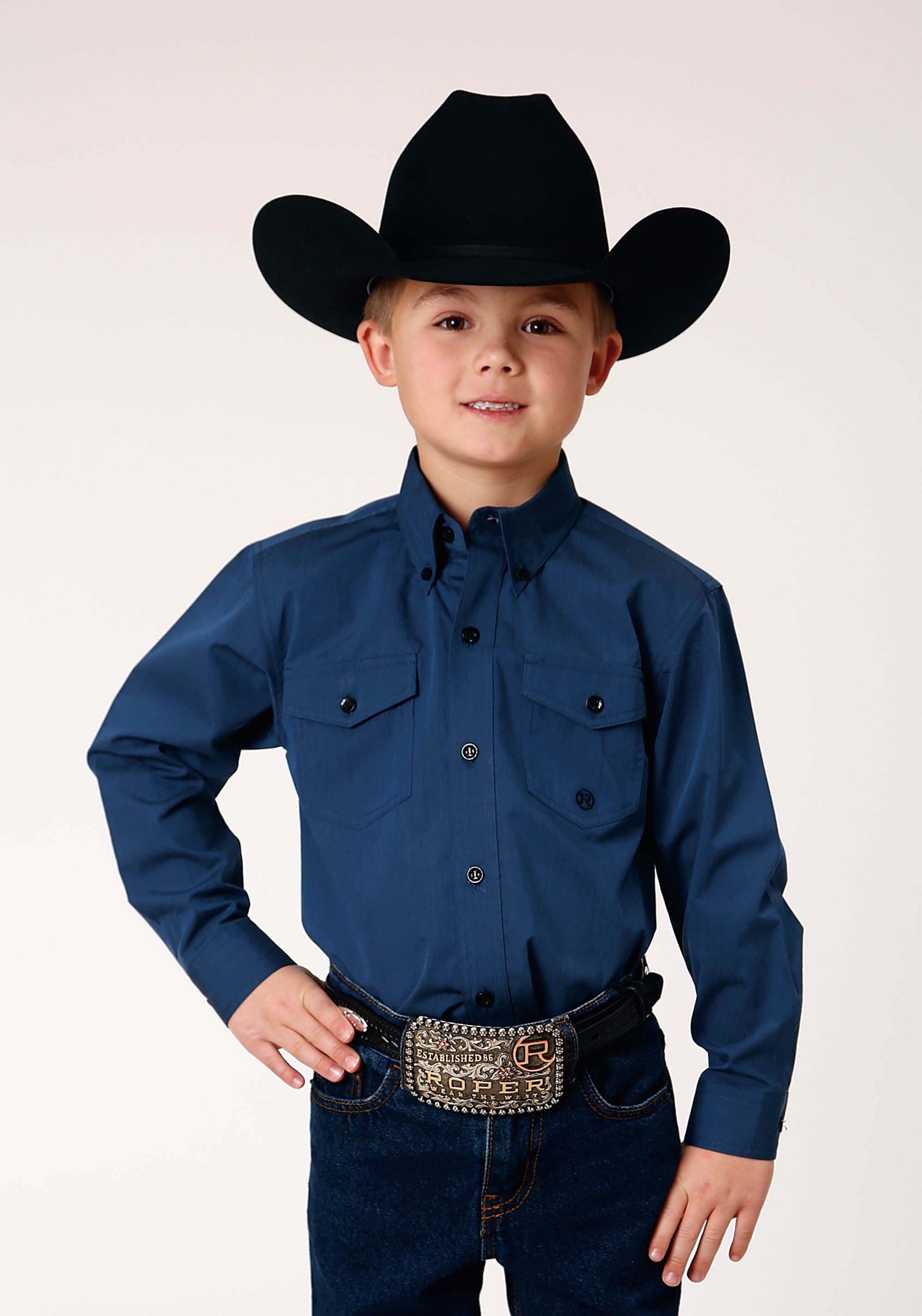 Roper Boys Long Sleeve Button Black Fill Solid Blue Western Shirt XL