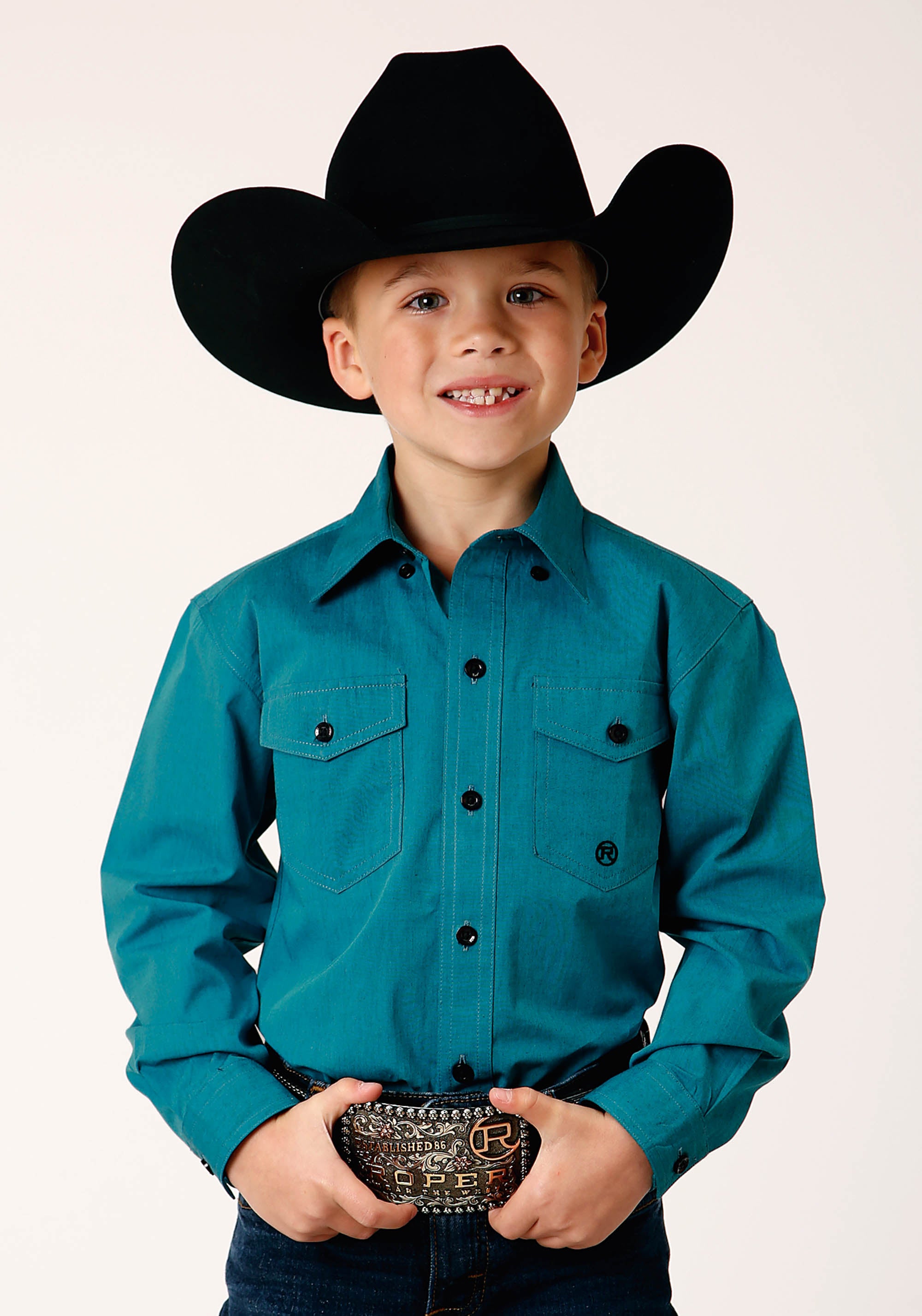 Roper Western Shirt Boys L/S Solid Button Teal 03-030-0365-0707 GR Roper Western Shirt Boys L/S Solid Button Teal 03-030-0365-0707 GR