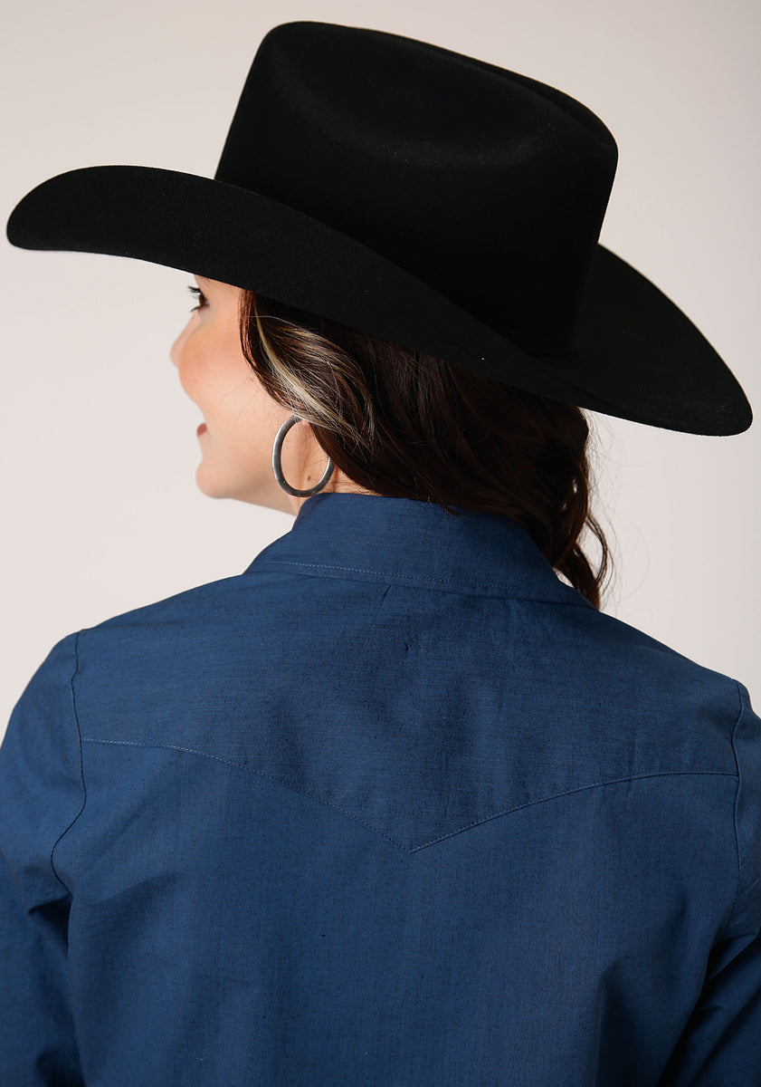 Womens Long Sleeve Snap Black Fill Solid Blue Western Shirt Roper Apparel And Footwear