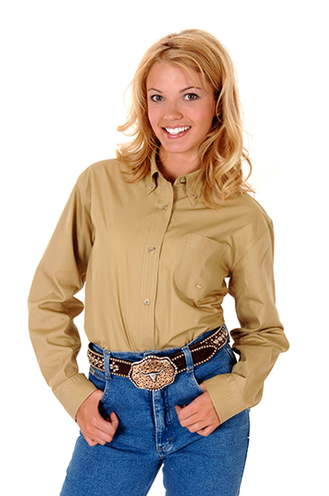 WOMENS SOLID BROWN POPLIN LONG SLEEVE BUTTON WESTERN SHIRT