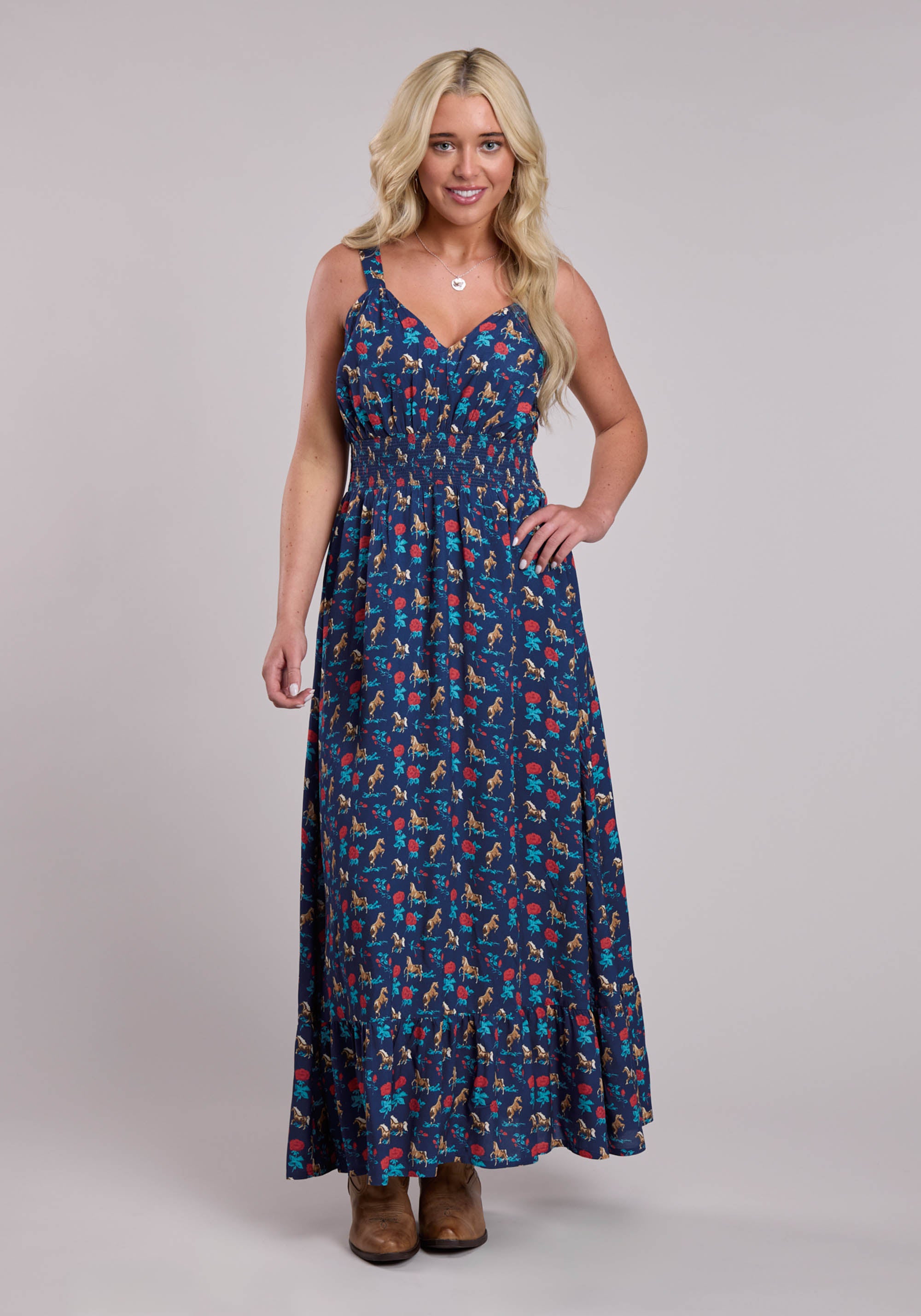 Womens Roper Navy Roses Printed Rayon Sleeveless Dress XS