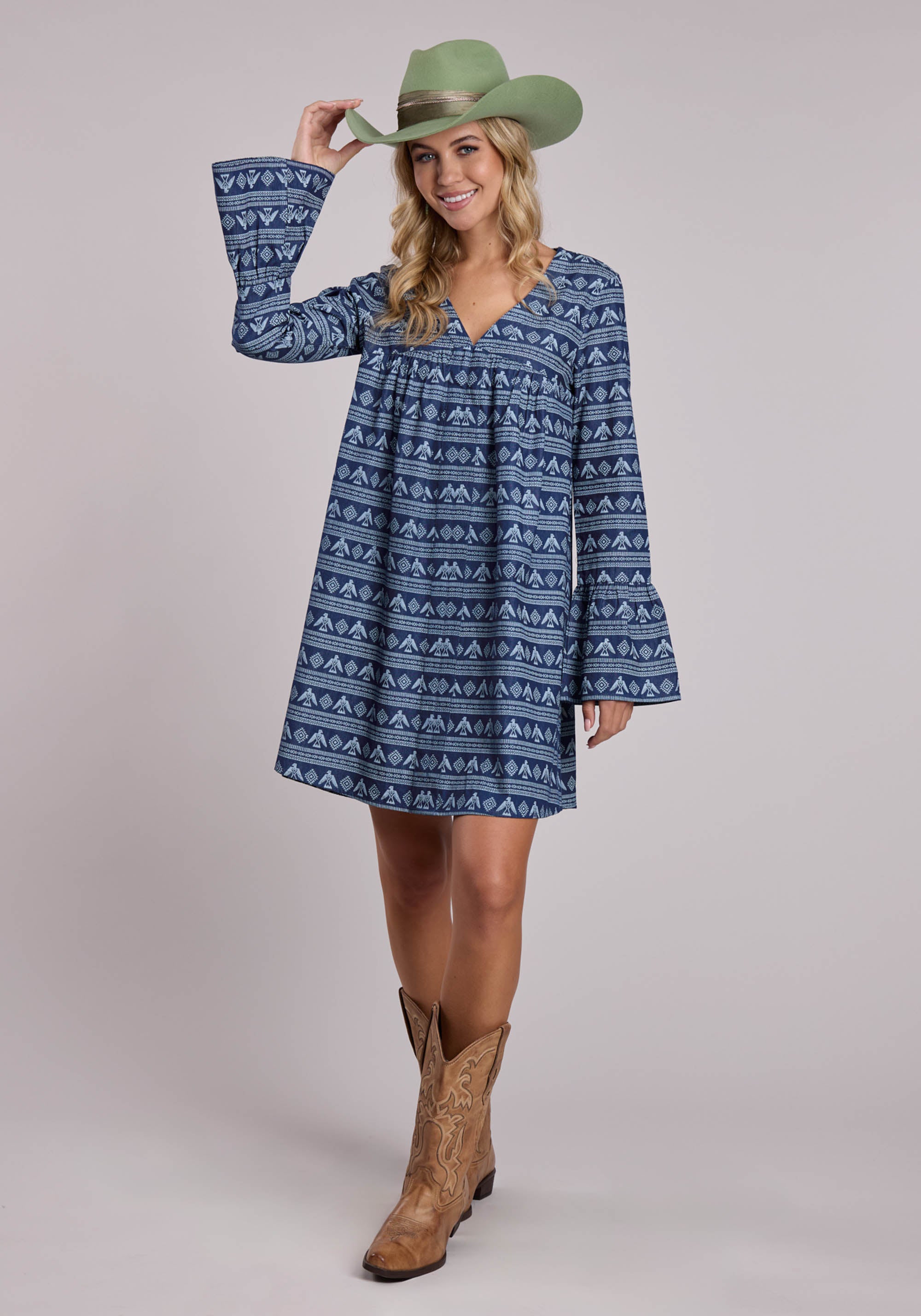 Womens Roper Printed Denim Knee Length Long Sleeve Dress XL