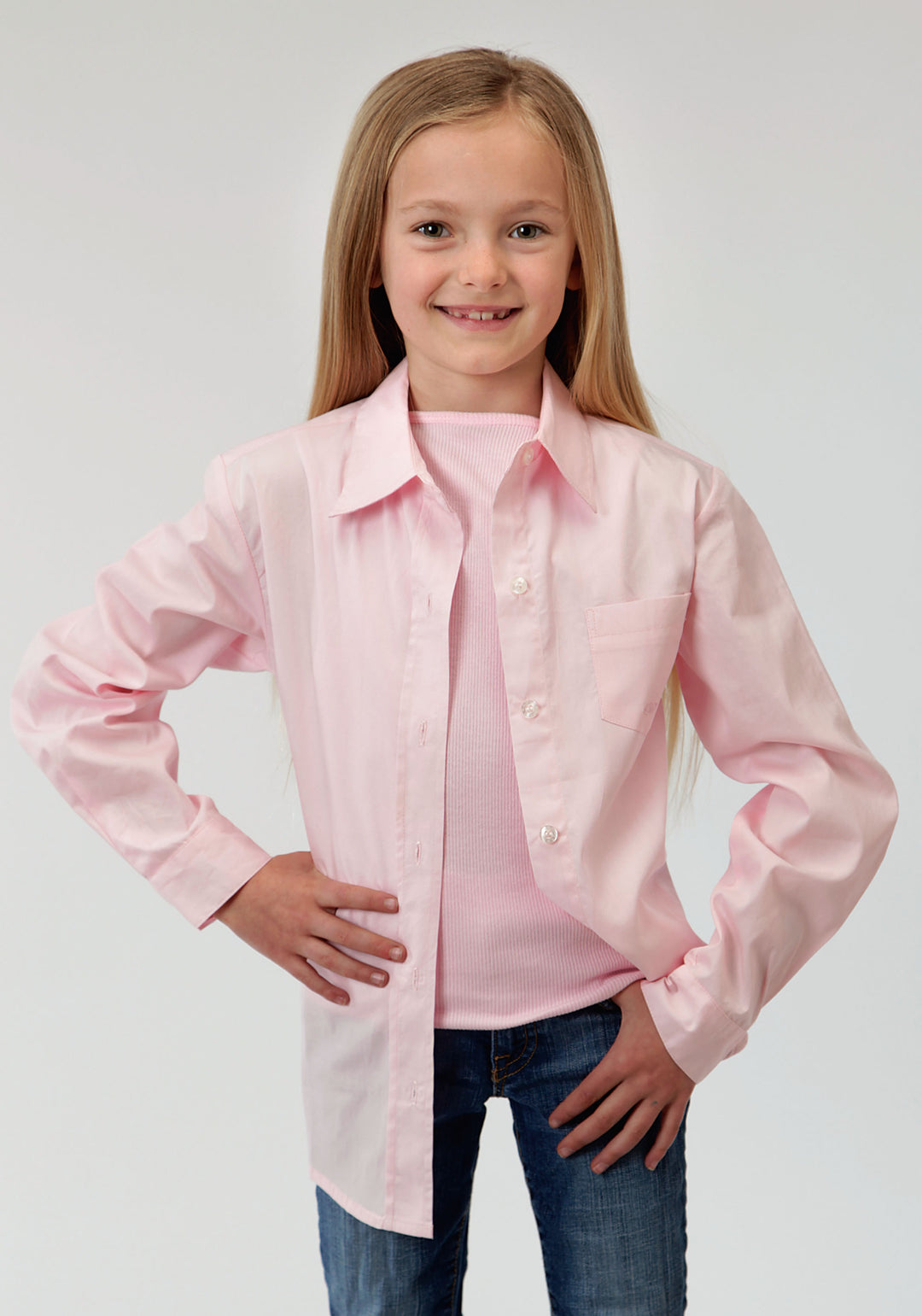 GIRLS PINK SOLID LONG SLEEVE WESTERN BUTTON SHIRT