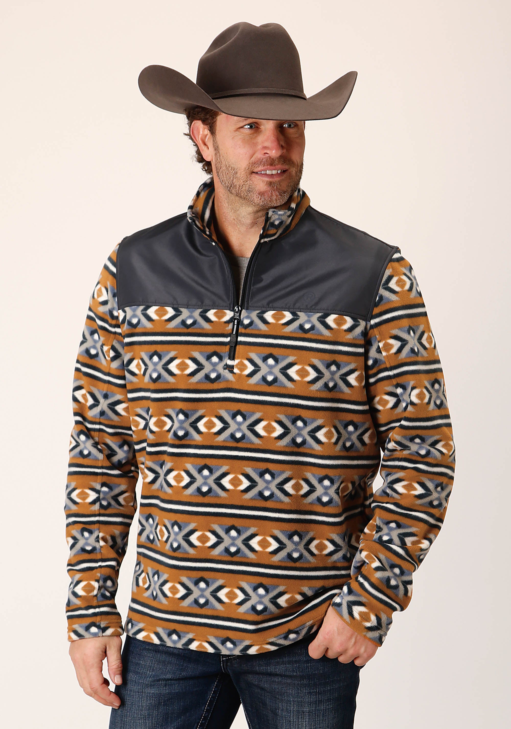 Mens Orange Aztec Print Micro Fleece Pullover – Roper Apparel