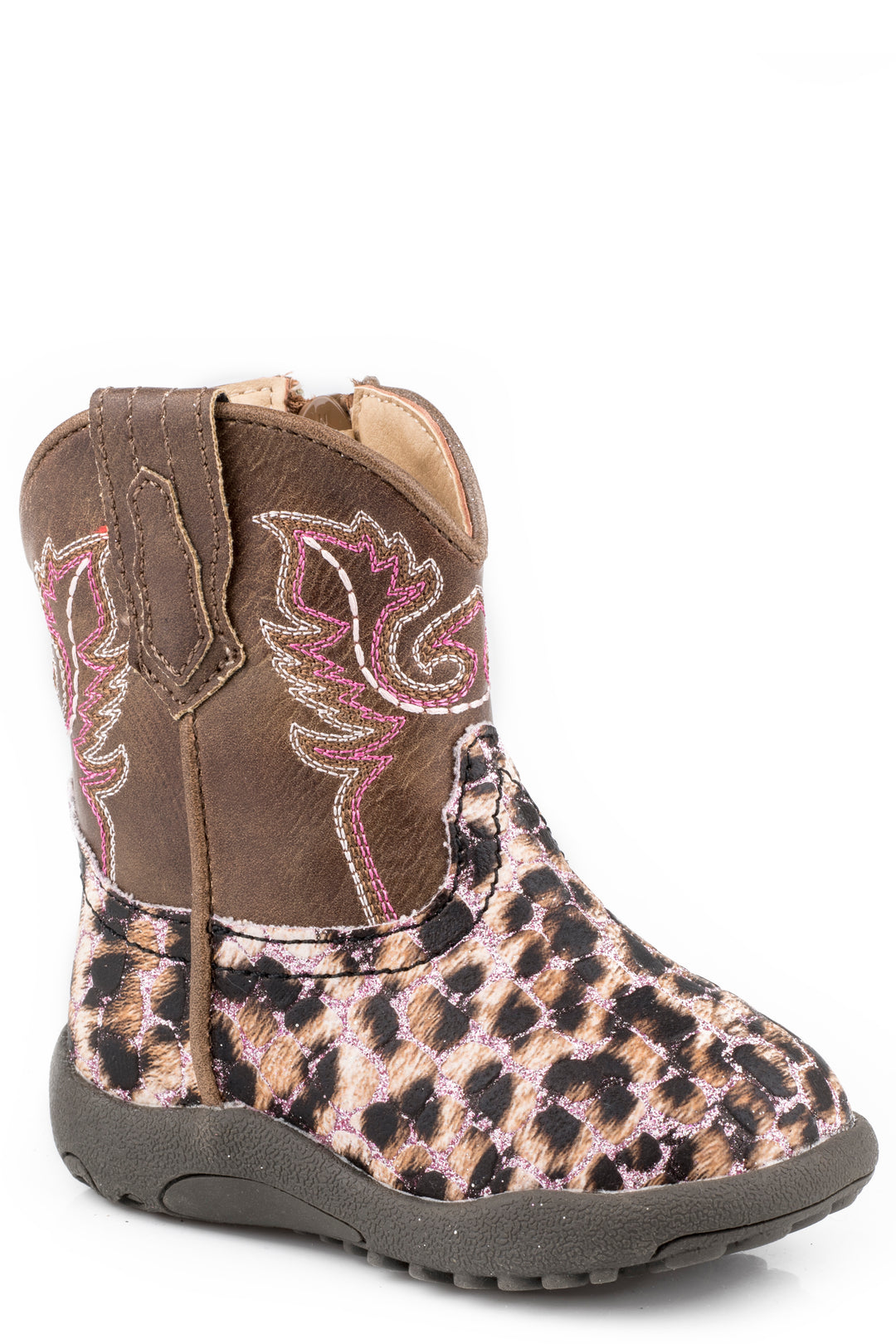 INFANT GIRLS PINK GLITTER AND LEOPARD FAUX LEATHER VAMP WITH BROWN SHAFT COWBABY