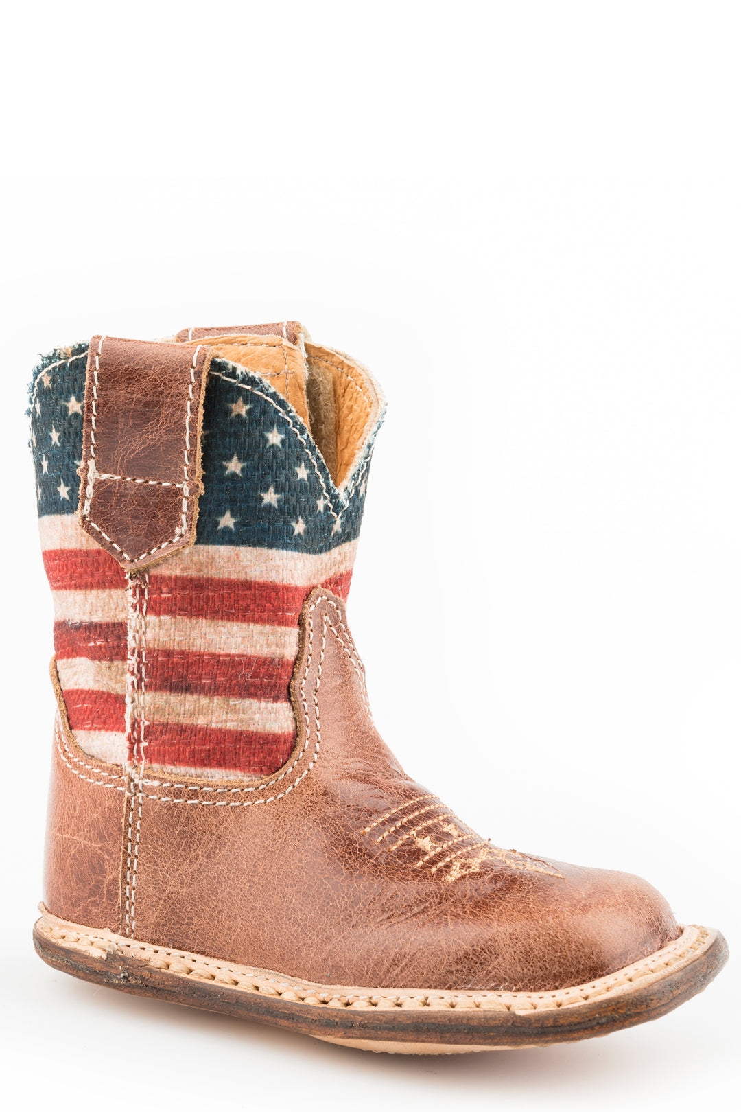 INFANT BOYS COWBABY BOOT BROWN LEATHER VAMP WITH STARS AND STRIPES PRINTED UPPER