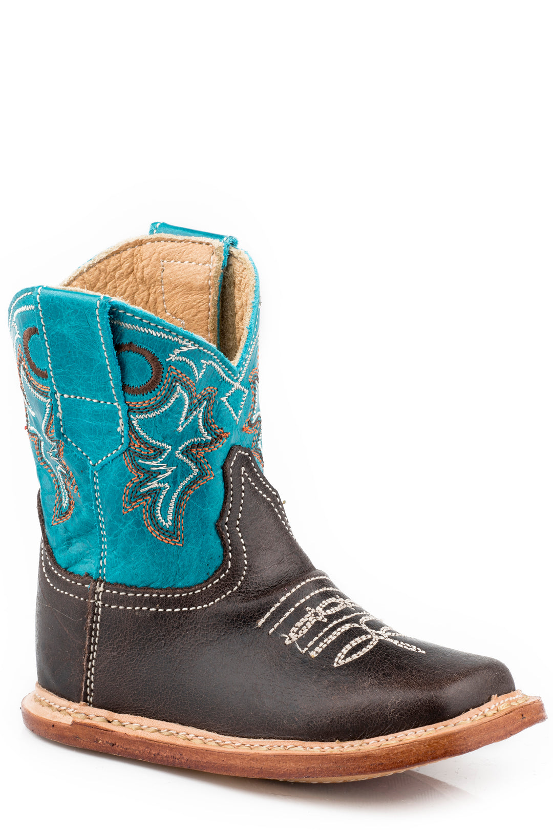 INFANT BOYS BROWN LEATHER VAMP WITH MARBLED BLUE LEATHER SHAFT