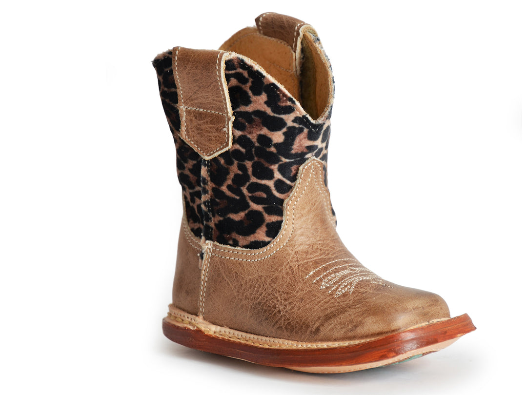 INFANT GIRLS BROWN LEATHER VAMP WITH CHEETAH PRINTED ON FAUX BRUSHED SHAFT