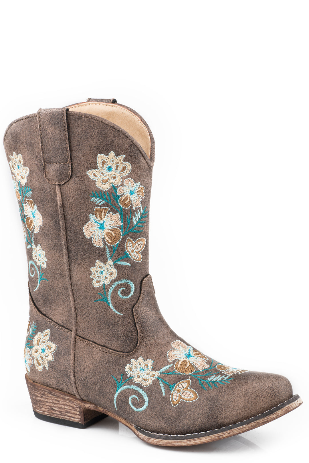 LITTLE GIRLS VINTAGE BROWN FAUX LEATHER BOOT WITH FLORAL EMBROIDERY VAMP SHAFT