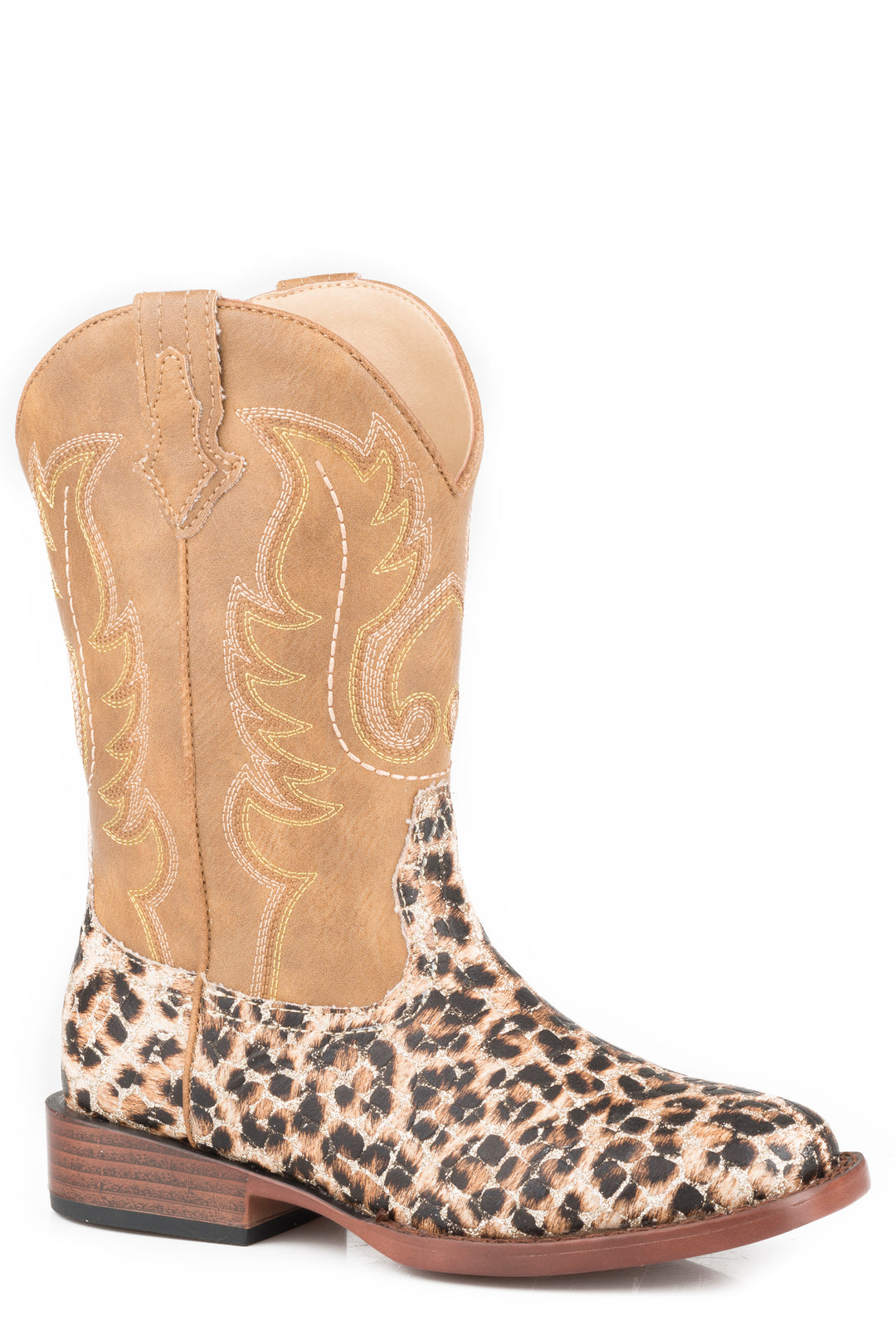 LITTLE GIRLS LEOPARD PRINT GLITTER VAMP BOOT WITH TAN SHAFT