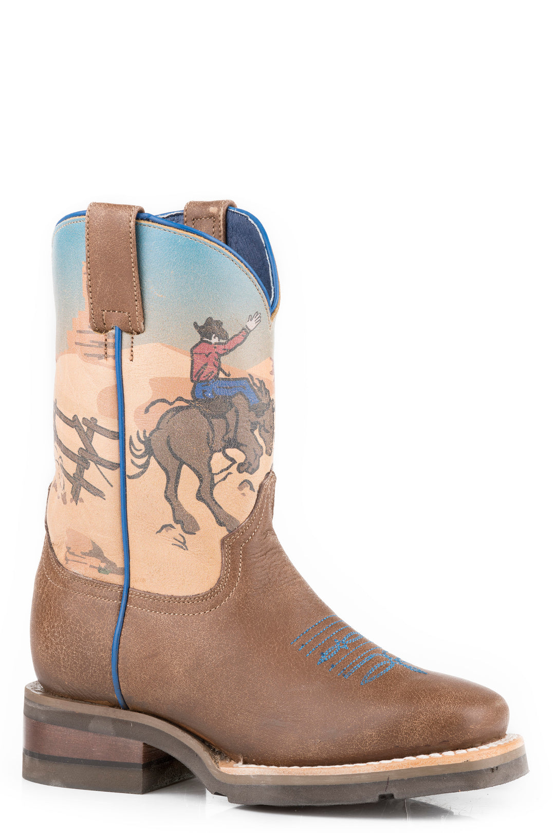 LITTLE BOYS VINTAGE BROWN LEATHER VAMP WITH BULL HORSE ROUGH STOCK PRINTED SHAFT