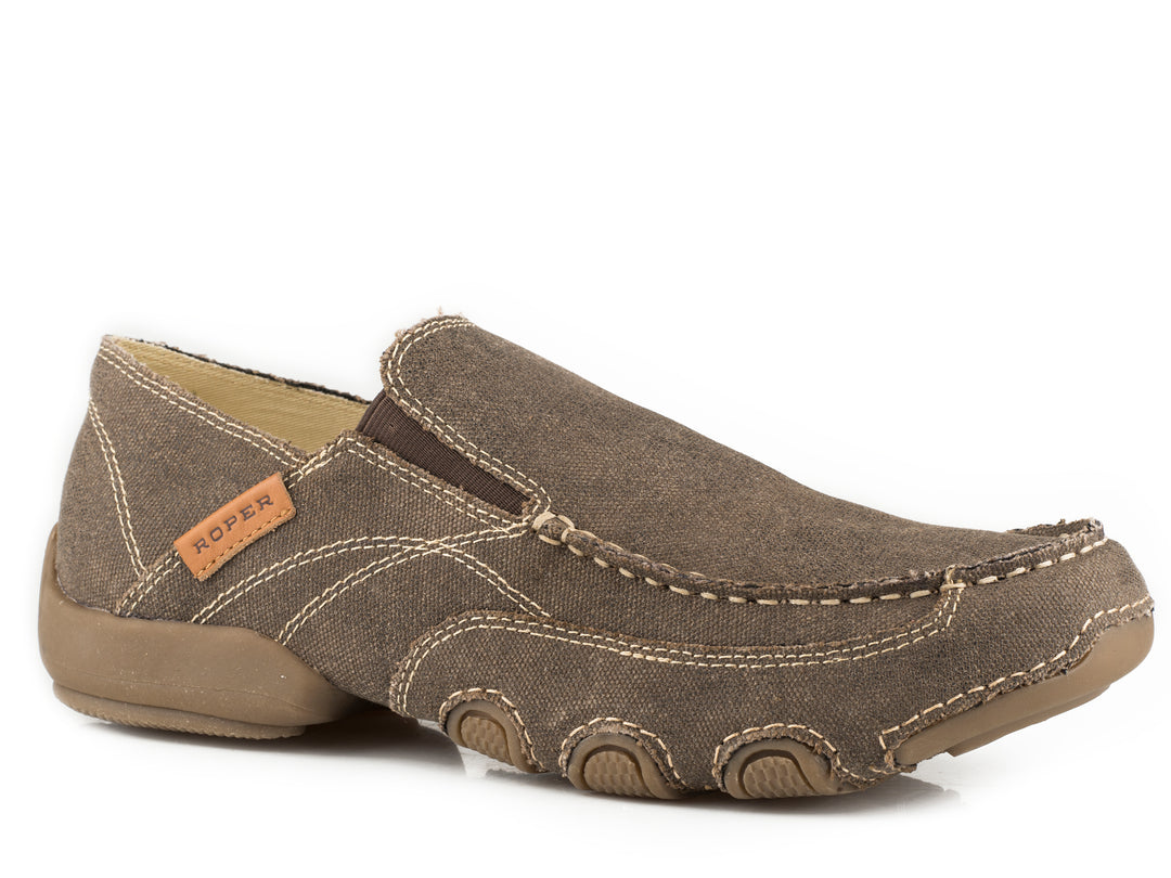 MENS DRIVING MOC CHOCOLATE BROWN VINTAGE FABRIC WITH FABRIC WRAPPED SOLE