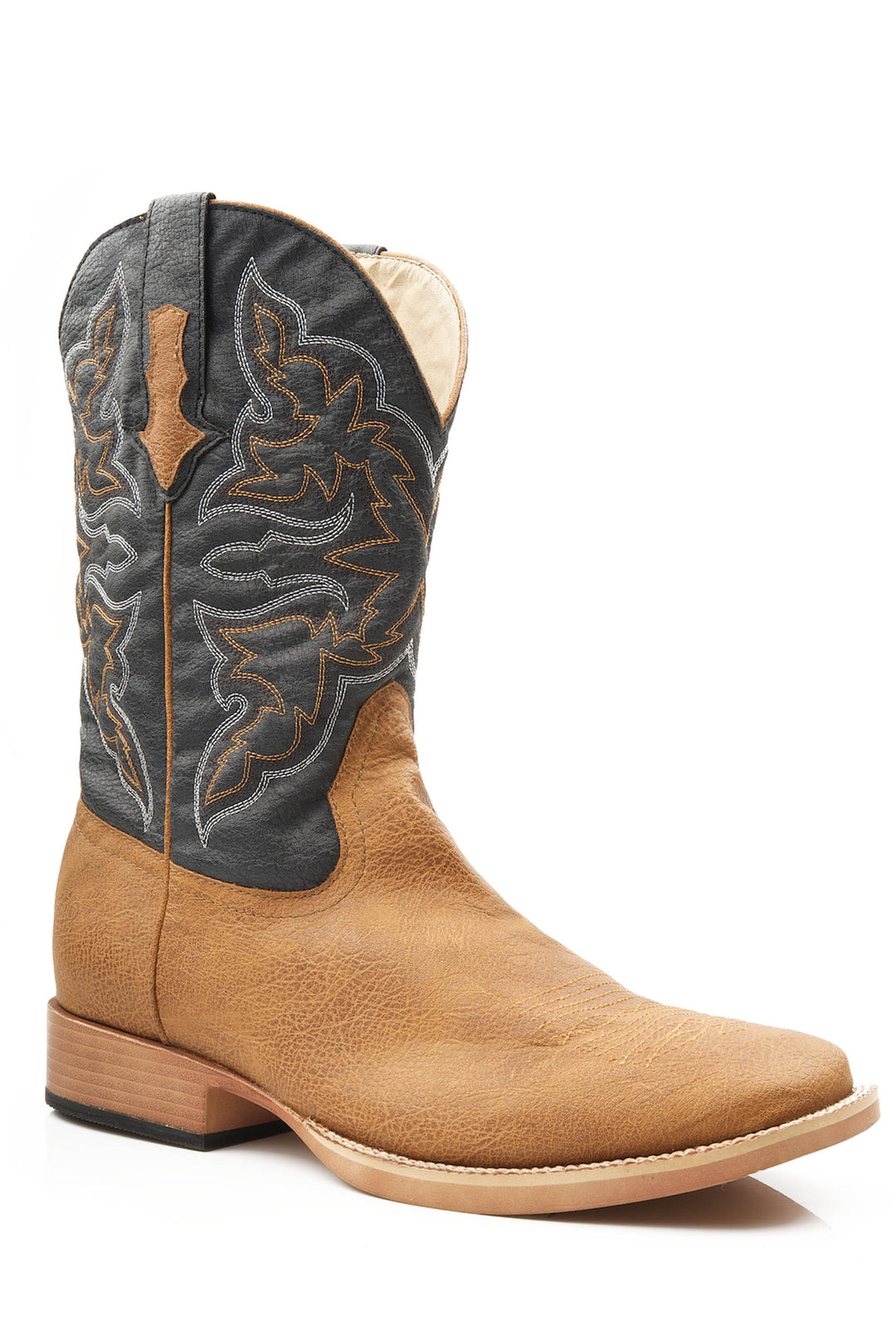 MENS COWBOY BOOT FAUX LEATHER TAN TUMBLED VAMP WITH NAVY STITCHED UPPER