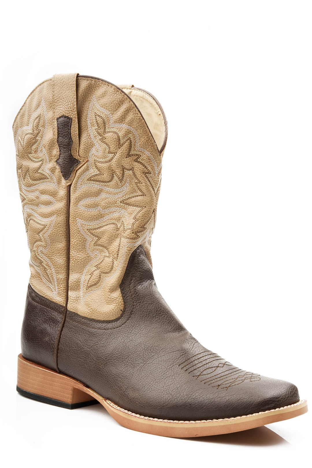 MENS COWBOY BOOT FAUX LEATHER BROWN VAMP WITH TAN STITCHED UPPER
