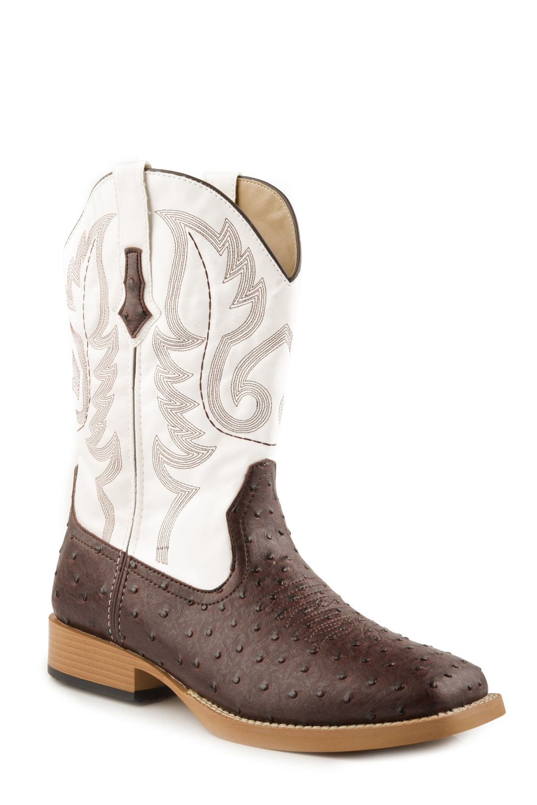 MENS COWBOY BOOT FAUX LEATHER BROWN OSTRICH VAMP WITH WHITE STITCHED UPPER