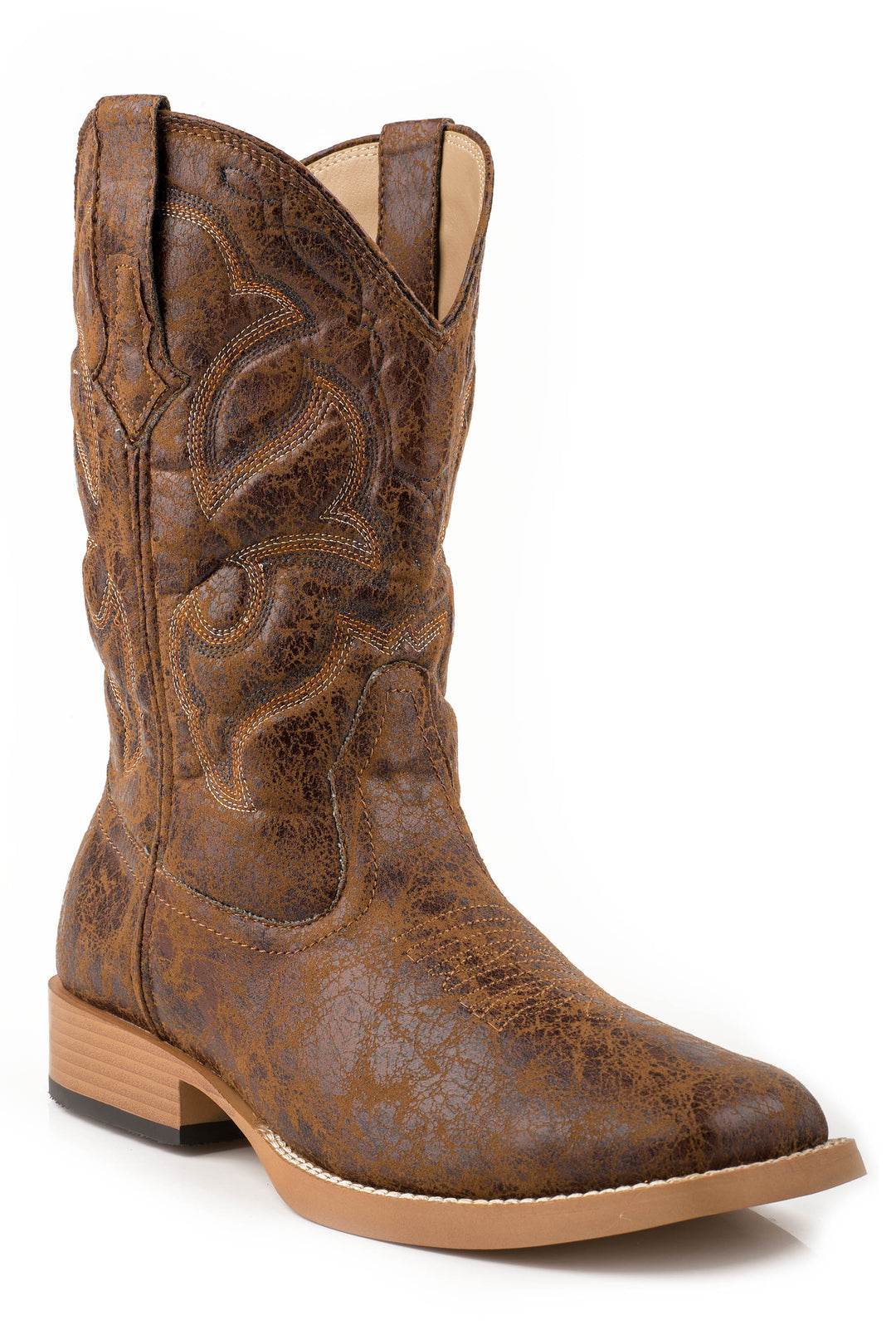 MENS COWBOY BOOT VINTAGE FAUX LEATHER BROWN VAMP WITH BROWN STITCHED UPPER