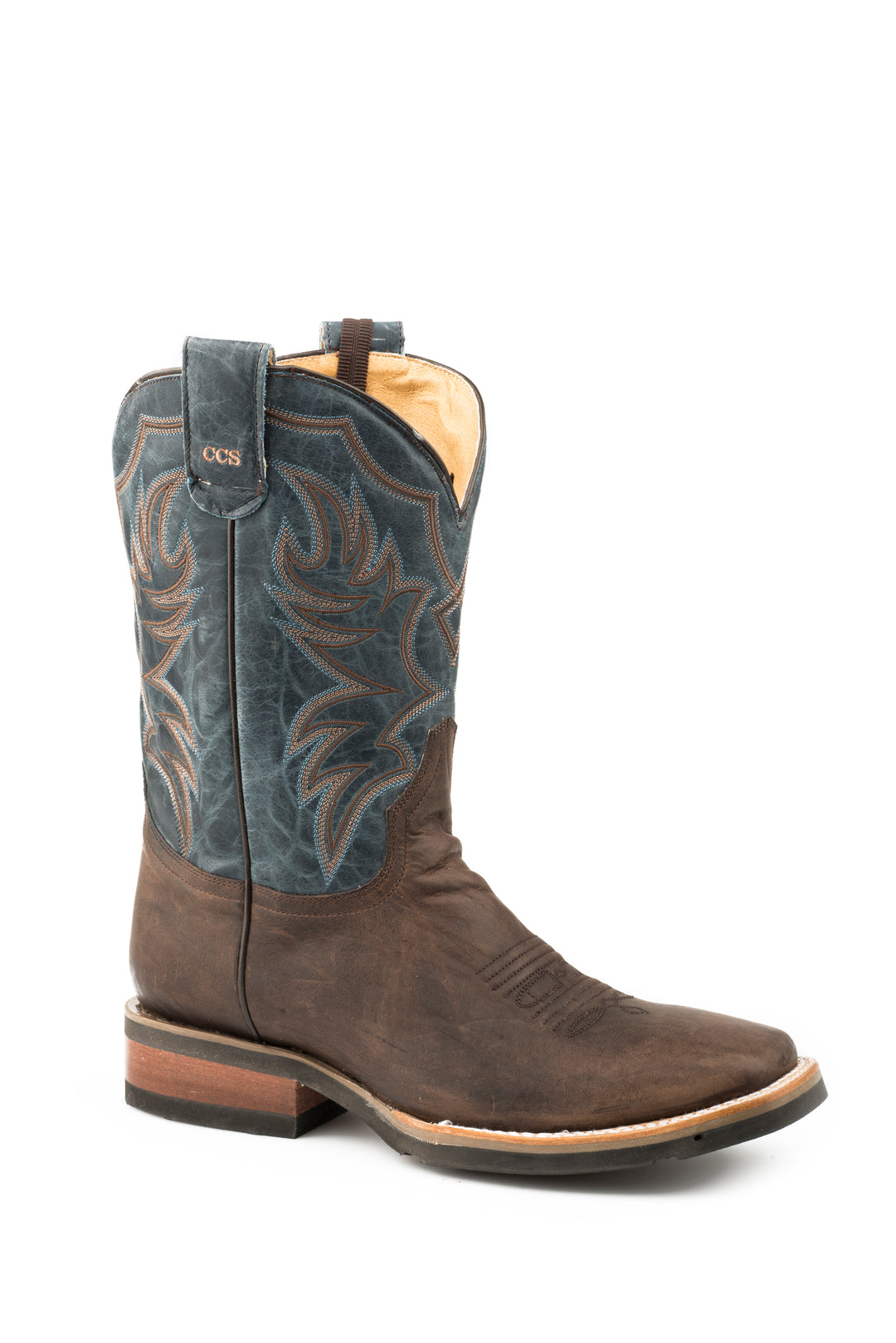 MENS LEATHER CONCEALED CARRY BOOT WAXY BROWN VAMP WAXY BLUE EMBROIDERED UPPER