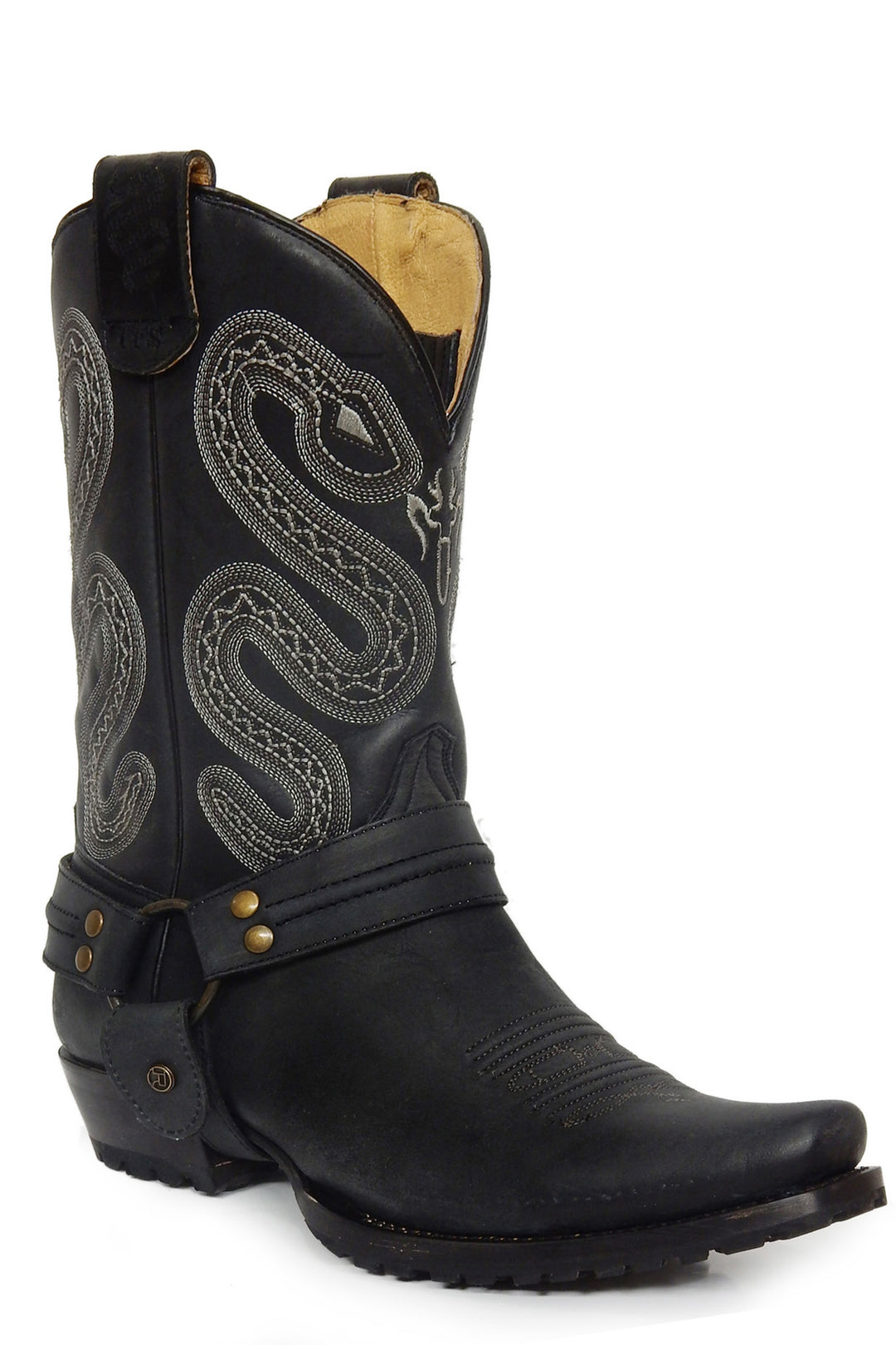 MENS LEATHER CONCEALED CARRY HARNESS BOOT ALL OVER MATTE BLACK WITH SIDEWINDER EMBROIDERED ON UPPER