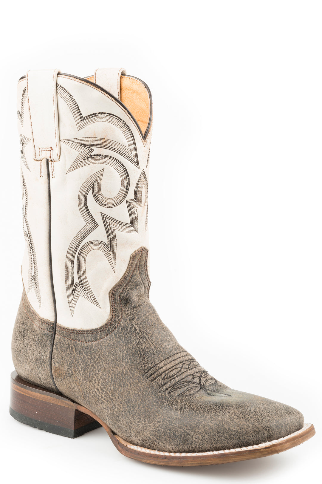 MENS LEATHER COWBOY BOOT VINTAGE BROWN VAMP WITH VINTAGE WHITE UPPER