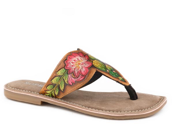 WOMENS TAN CACTUS PAINTED TOOLED SANDAL