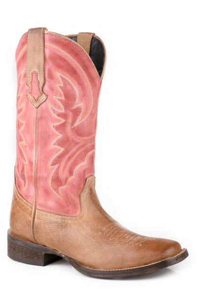 WOMENS TAN AND RED BURNISHED SQUARE TOE BOOT