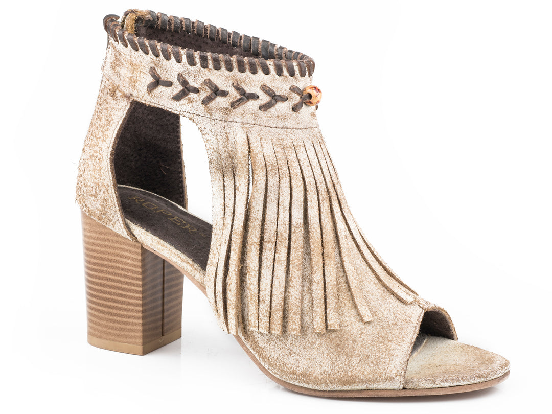 WOMENS VINTAGE BEIGE SUEDE WITH FRINGE FASHION OPEN TOE SANDAL