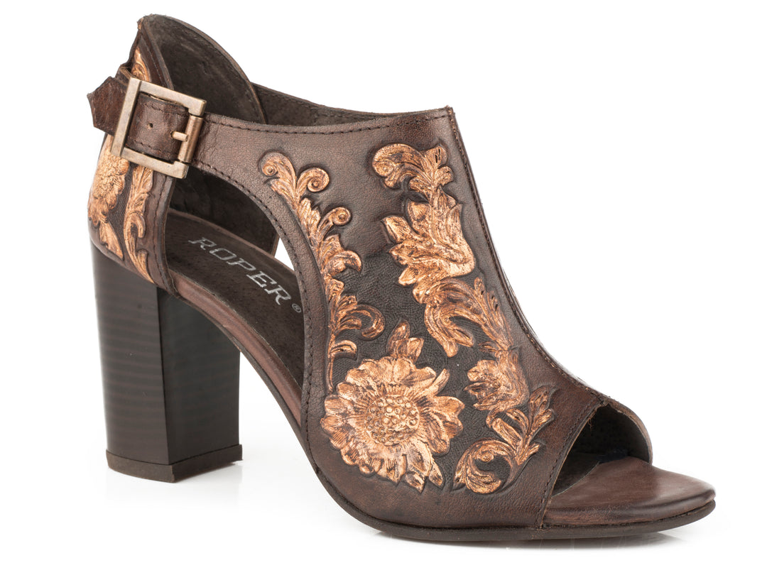 WOMENS BROWN BEIGE FLORAL TOOLED LEATHER FASHION OPEN TOE SANDAL