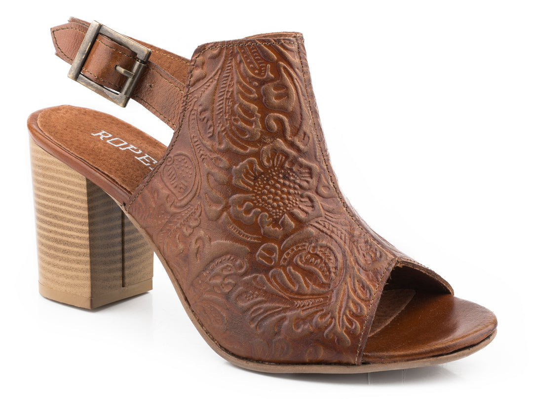 WOMENS TAN FLORAL EMBOSSED LEATHER
