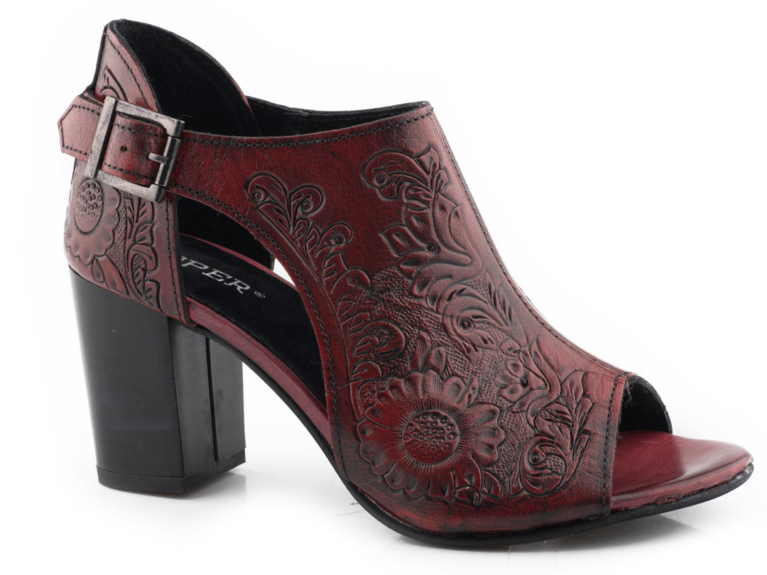 WOMENS RED FLORAL TOOLED LEATHER