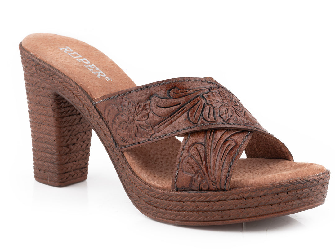 WOMENS COGNAC TOOLED SANDAL