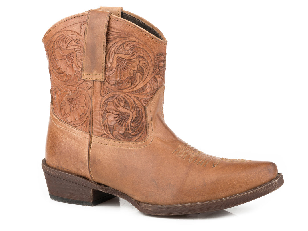WOMENS TAN VAMP WITH TOOLED SHAFT LEATHER SHORTY