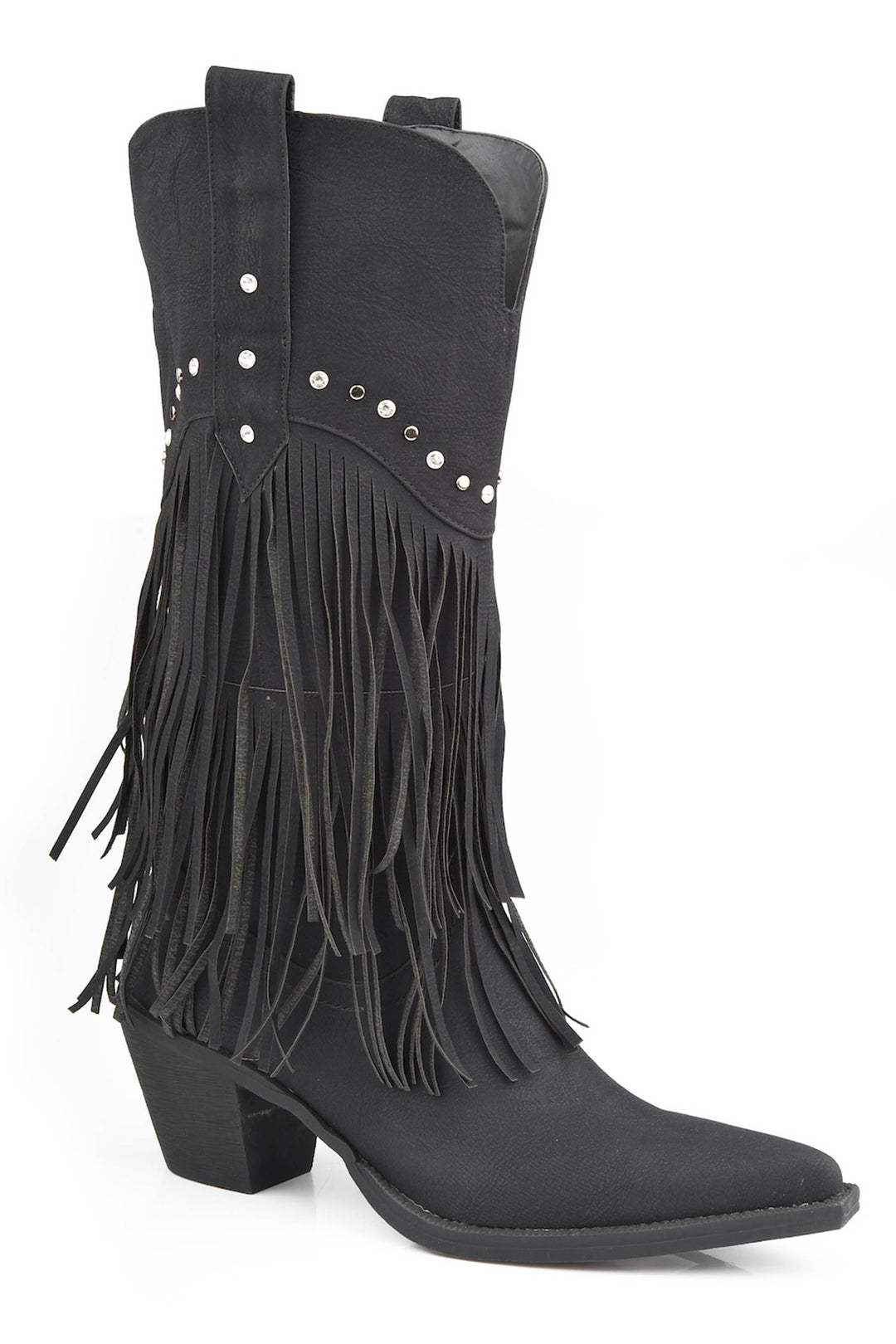 WOMENS FASHION COWBOY BOOT BLACK FAUX LEATHER FRING WITH STUD DESIGN